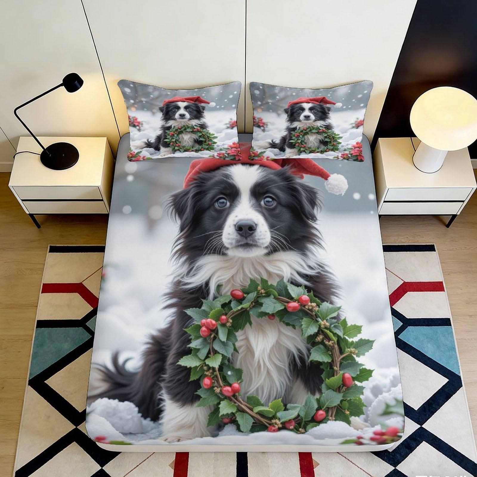 3D Printed Christmas Dog Fitted Sheet Microfiber Soft Breathable Festive Wreath Bed Cover for Bedroom Guest Room Decor 90x200x25cm