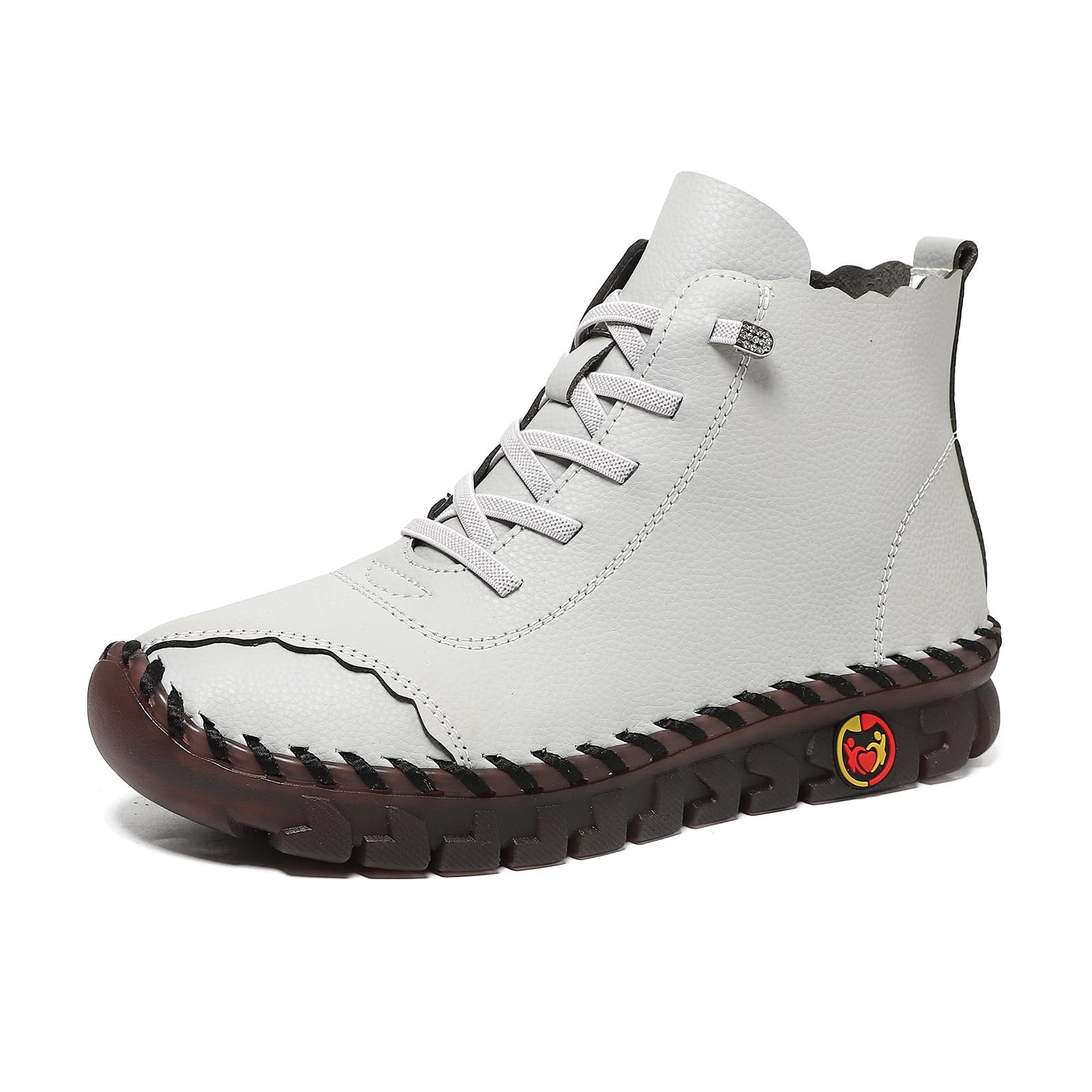 Womens Handmade Leather Lightweight Ankle Boots With Arch Support Fashion Lace Up High Top Hiking Sneakers Anti-Slip Soft