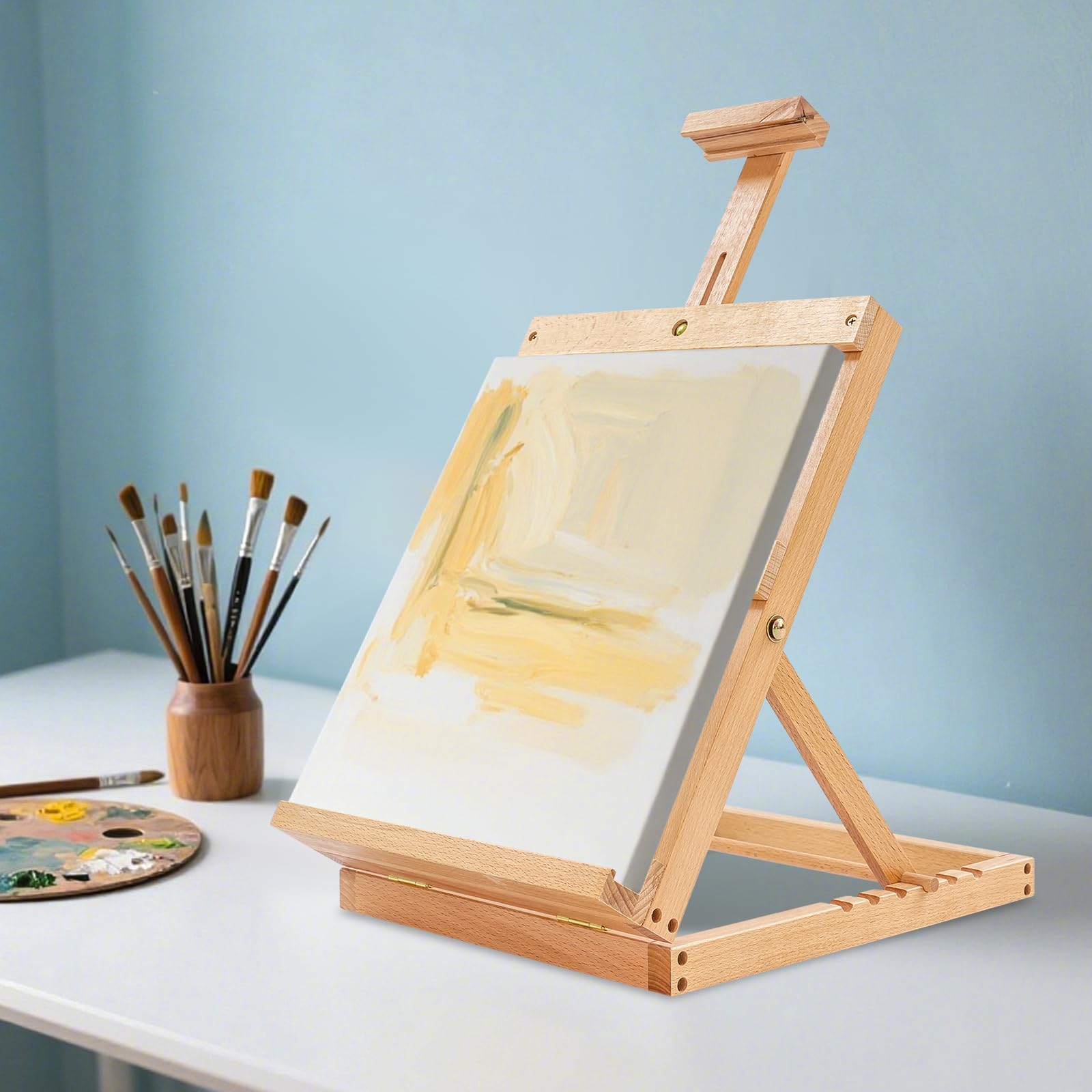 Caballete de mesa de madera resistente con marco en H, soporta lienzo de hasta 30 x 32 cm, caballete de mesa ajustable de madera de haya para pintar lienzo, para adultos y principiantes