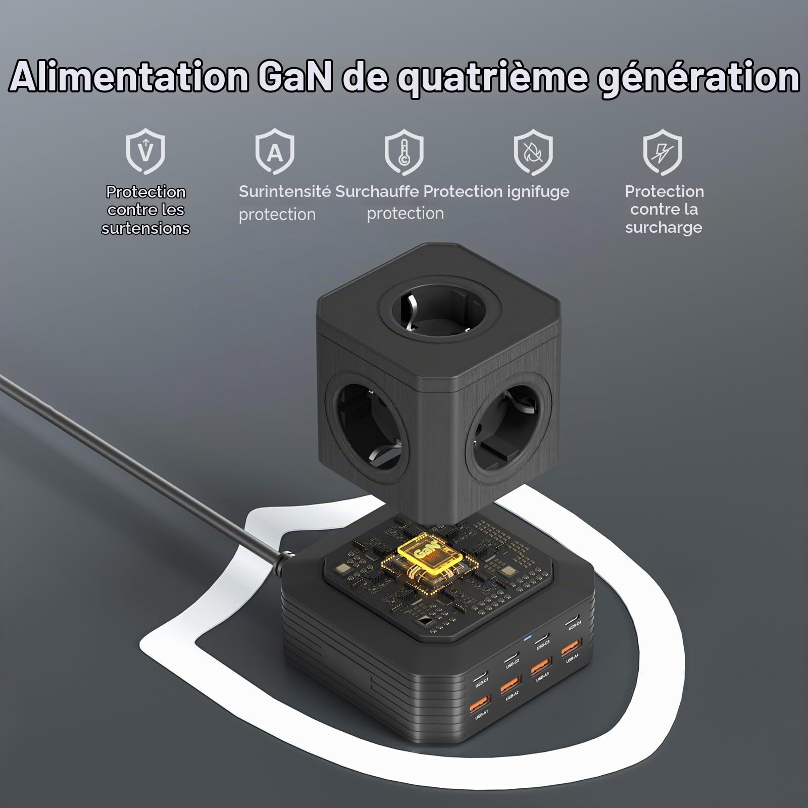 100W Multiprise USB Cube, 13 en 1 Rallonge Electrique 2M Câble avec 8 Ports USB Charge Rapide 100W PD3.0, 5 Prises AC (4000W/16A) Bloc Multiprise avec Interrupteur Rallonge Multiprise pour Bureau,Noir