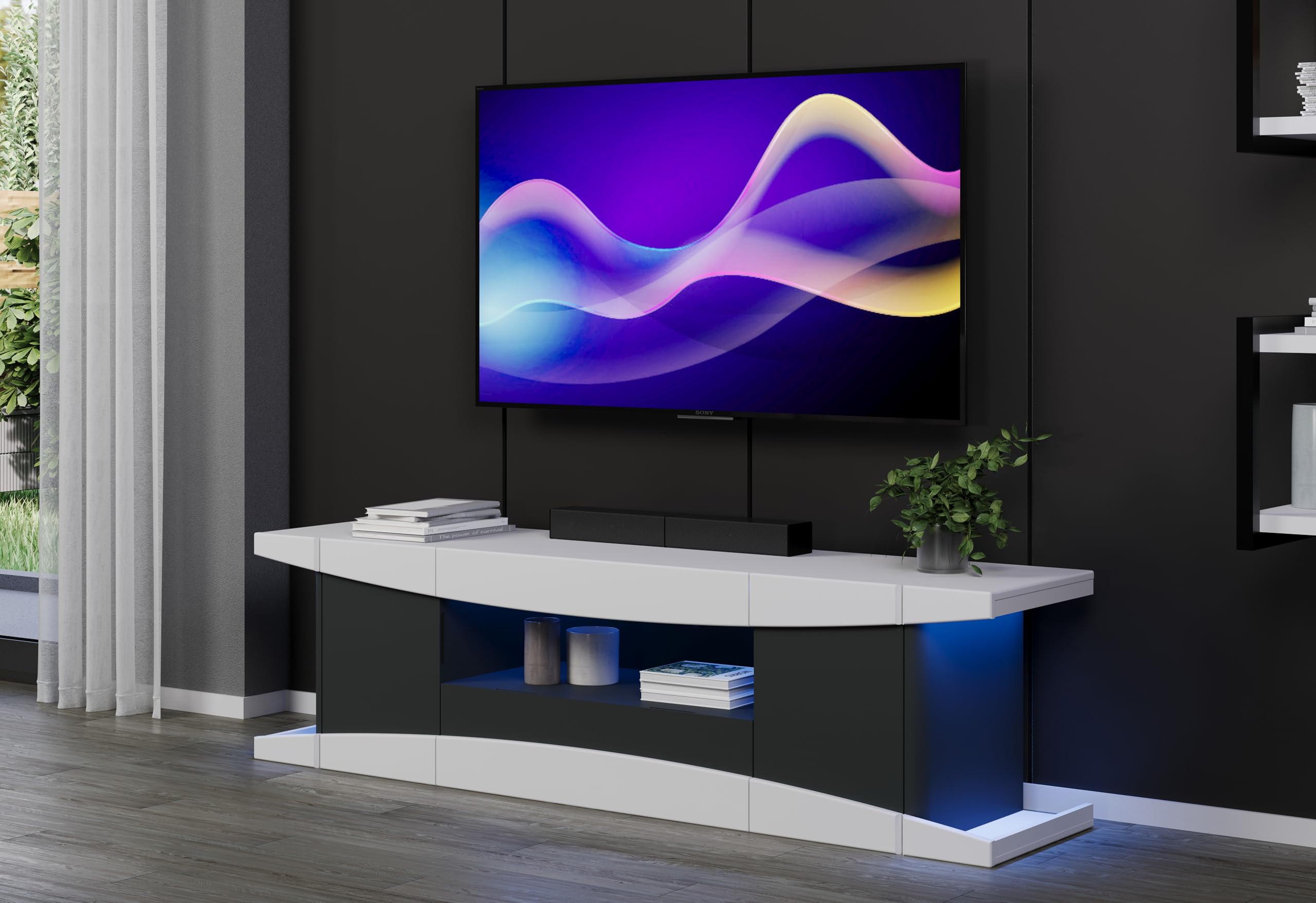 TV-Lowboard LevelUp Außen Weiß & Schwarz Matt Lack · B 180 x H 52 cm