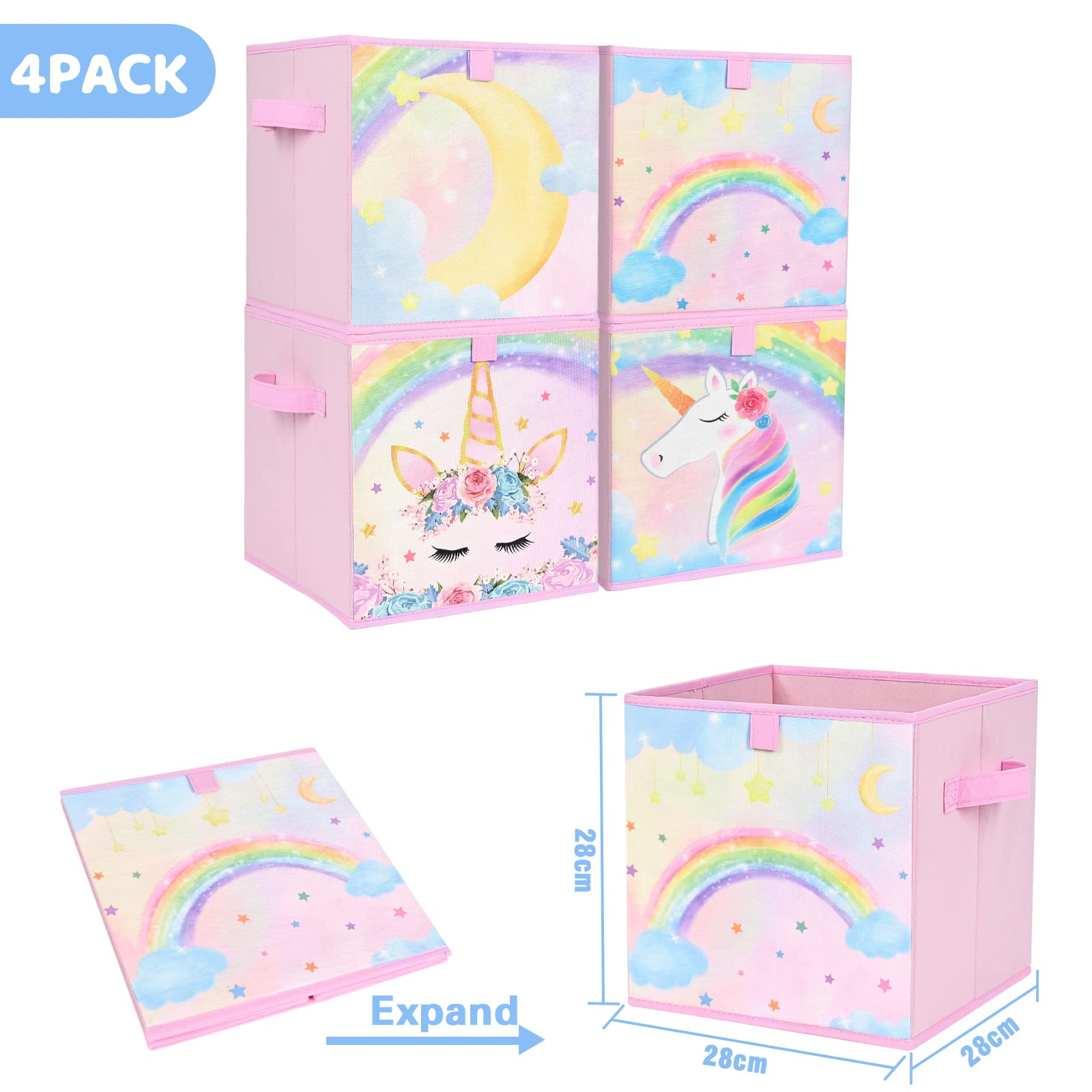 WERNNSAI Aufbewahrungsbox für kinder– 4er Pack Einhorn Faltbare Aufbewahrungswürfel aus Stoff und Mädchen 28cm Rosa Dekorative Aufbewahrungskörbe mit Griffen Schrank Kinderzimmer Schlafzimmer