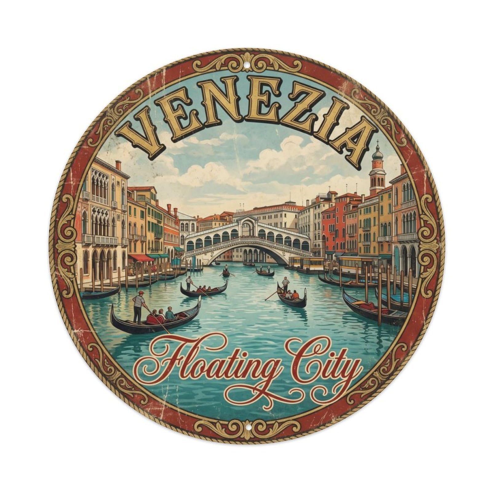 Vintage Travel Venice Grand Canal Metal Tin Sign Plaque Wall Decor for Cafe, Club, Garden Round Metal Poster 8x8Inch
