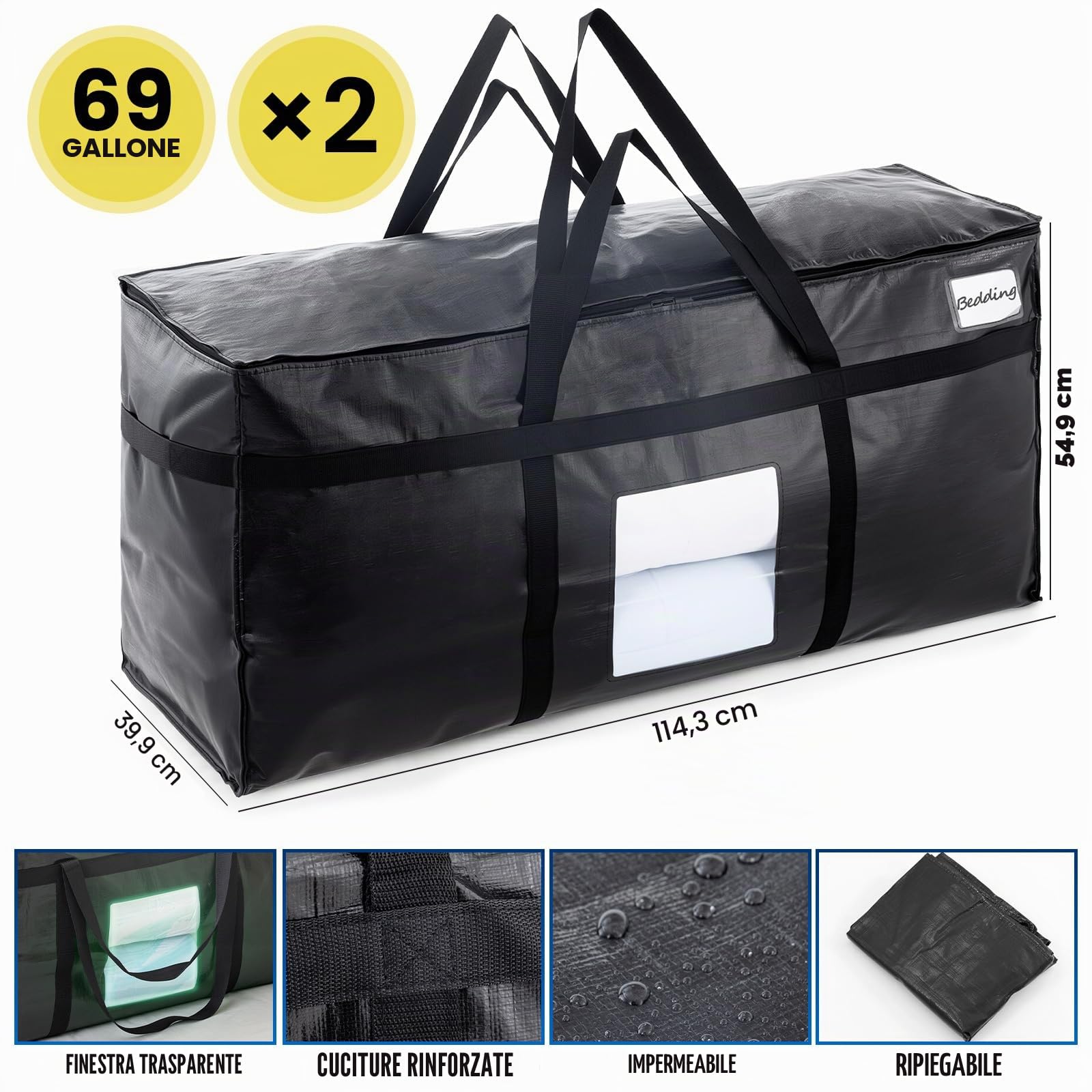 TAILI Borsa Jumbo Extra Large per Traslochi, Confezione da 2, Nero | Con cerniera resistente, per vestiti, biancheria da letto, piumoni e trapunte, grande capacità