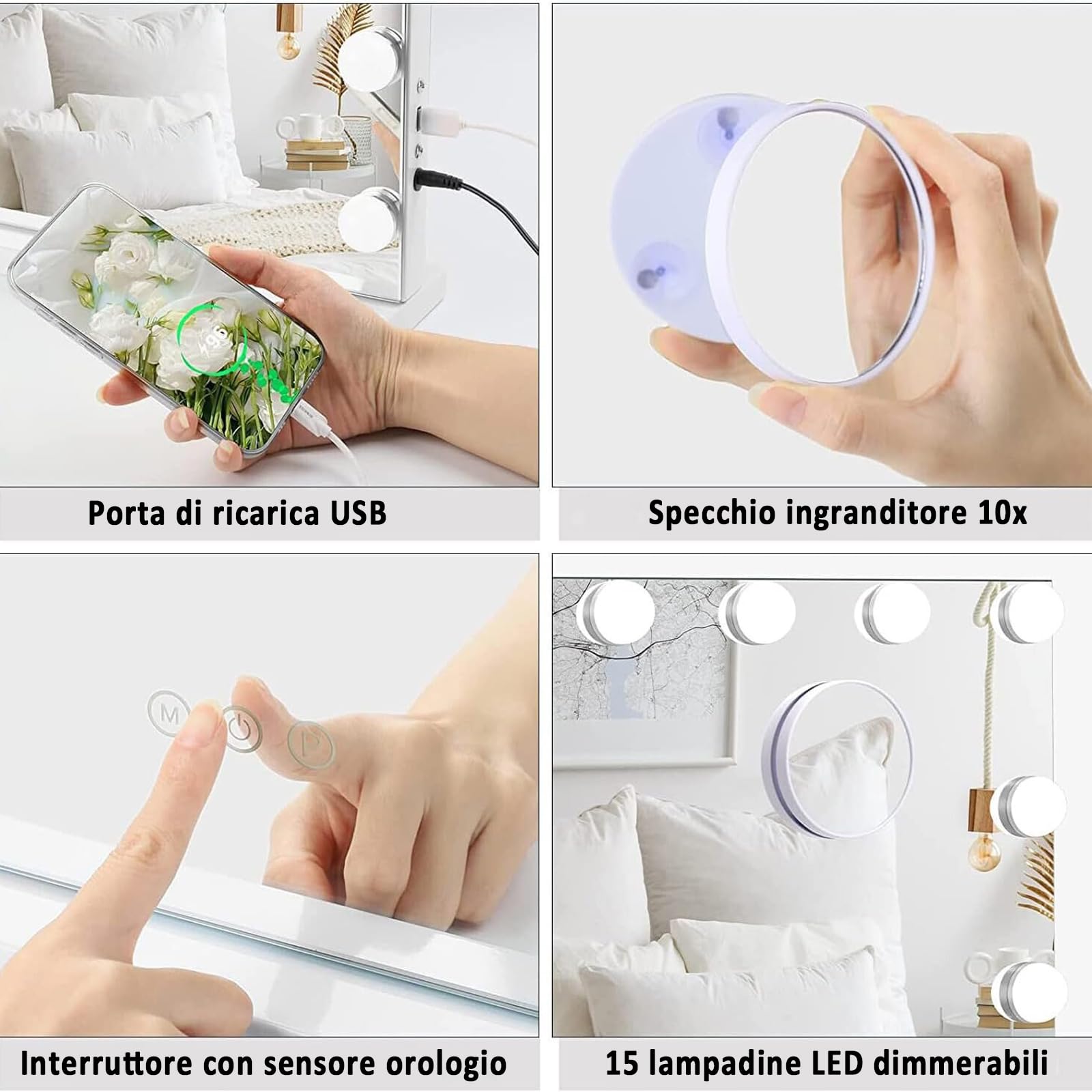 YU YUSING Specchio Trucco con Luci Hollywood, 58X45cm Specchio 15 Lampadine Led Trucco USB, 3 Temperature di Colore, Specchio da Tavolo 10X, Specchio Cosmetico da Parete, Controllo Tattile, Bianco