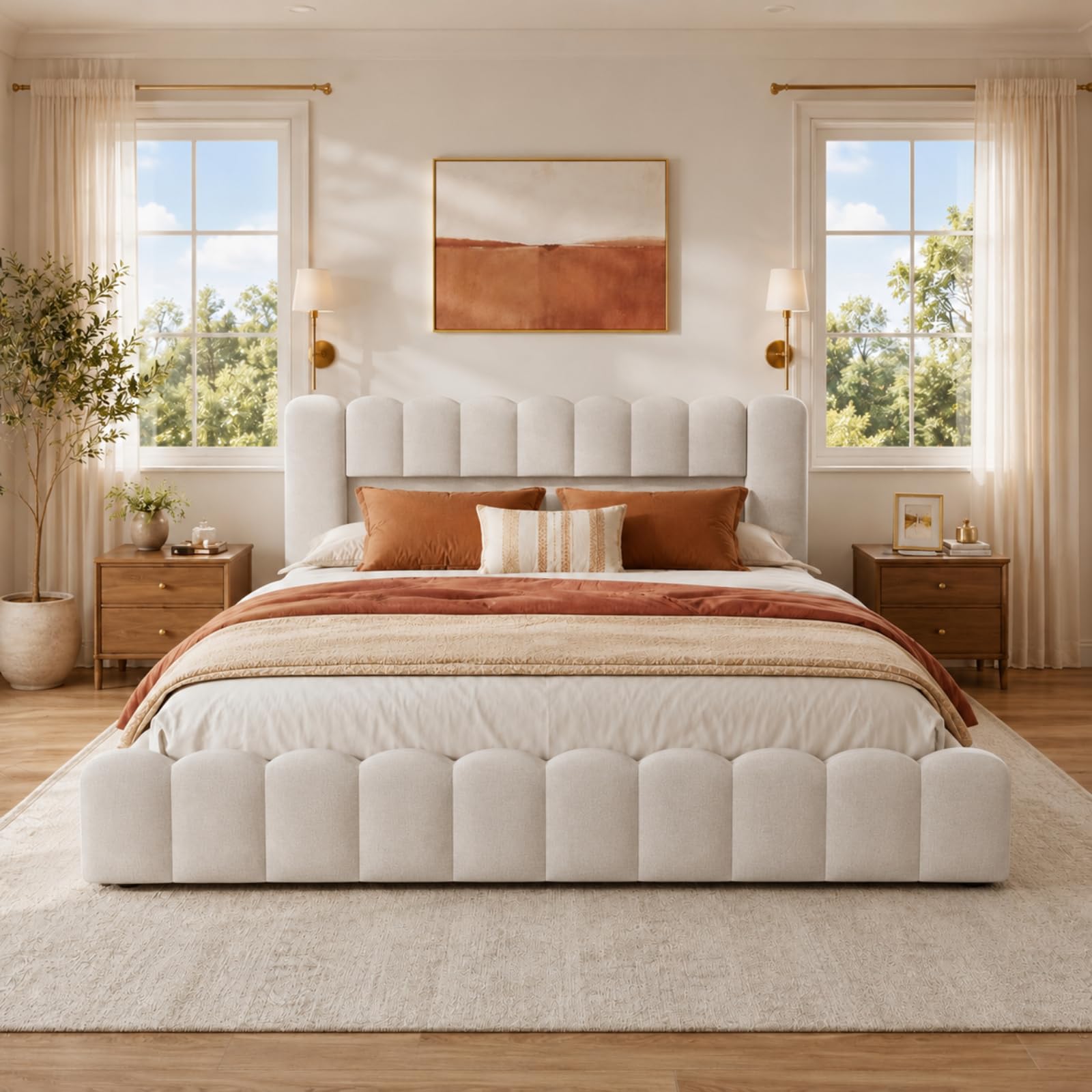 Fofetbfo Cama Baúl 140 x 200 cm, Burbuja Cama Doble Acolchado con Iluminación LED y Tipo-C y USB, Cama Capitonada con Almacenamiento, Marco de Cama Hidráulica con Somier de Latte, Lino (Beige, 140 x