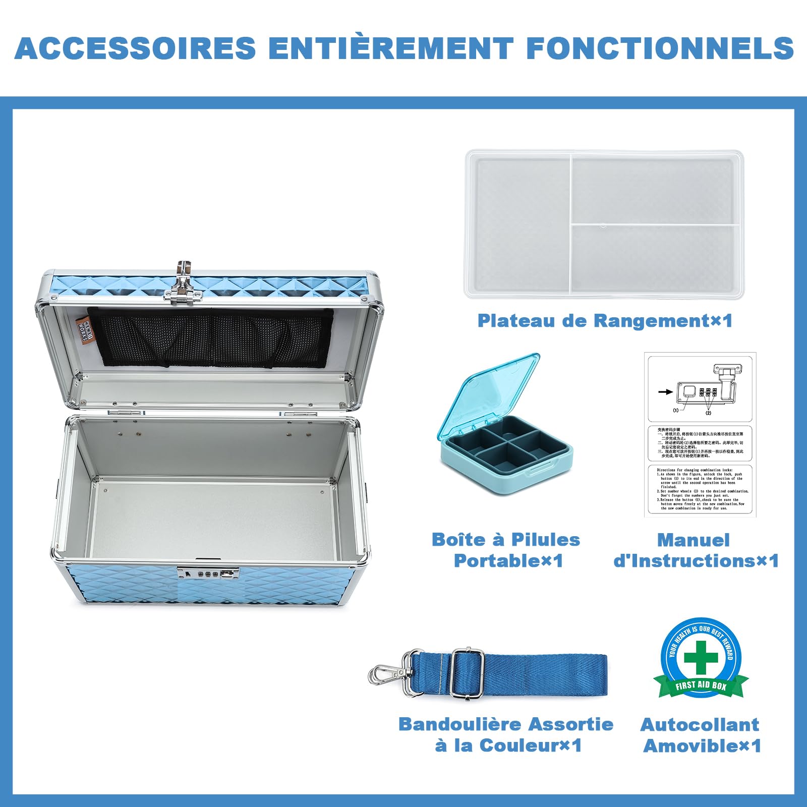 Boîte de Rangement avec verrou à Combinaison, boîte de Stockage de médicaments verrouillable, boîte de Premiers Secours Vide, boîte de sécurité (Blue, Large)