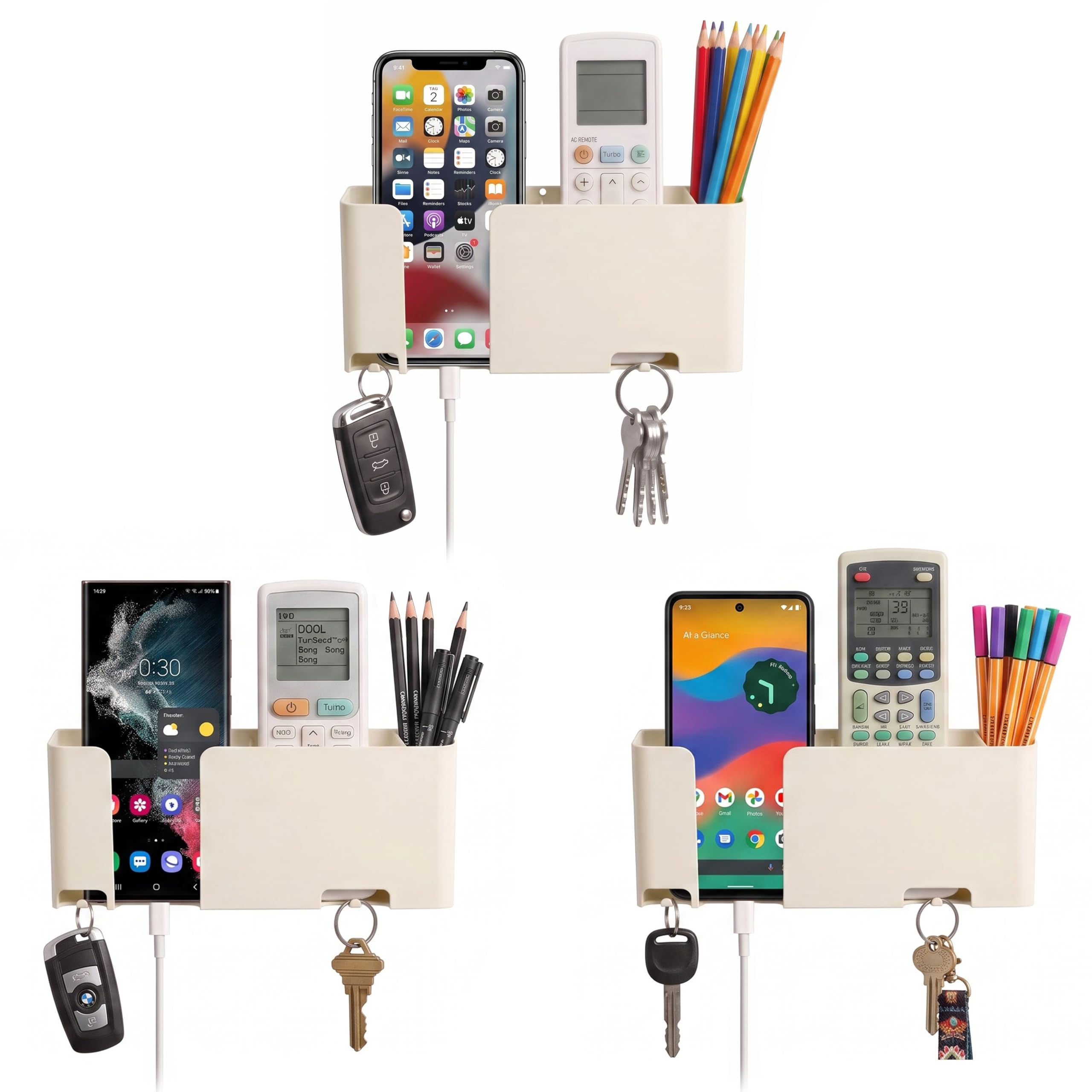 Mobile & Remote Wall Holder | ABS Wall Mount Stand with 3 Compartments for Phone, Remotes & Pens | 2 Key Hooks | No-Drill Mount with Strong Double-Sided Sticker (Milky White) (Pack of 3)-image-25