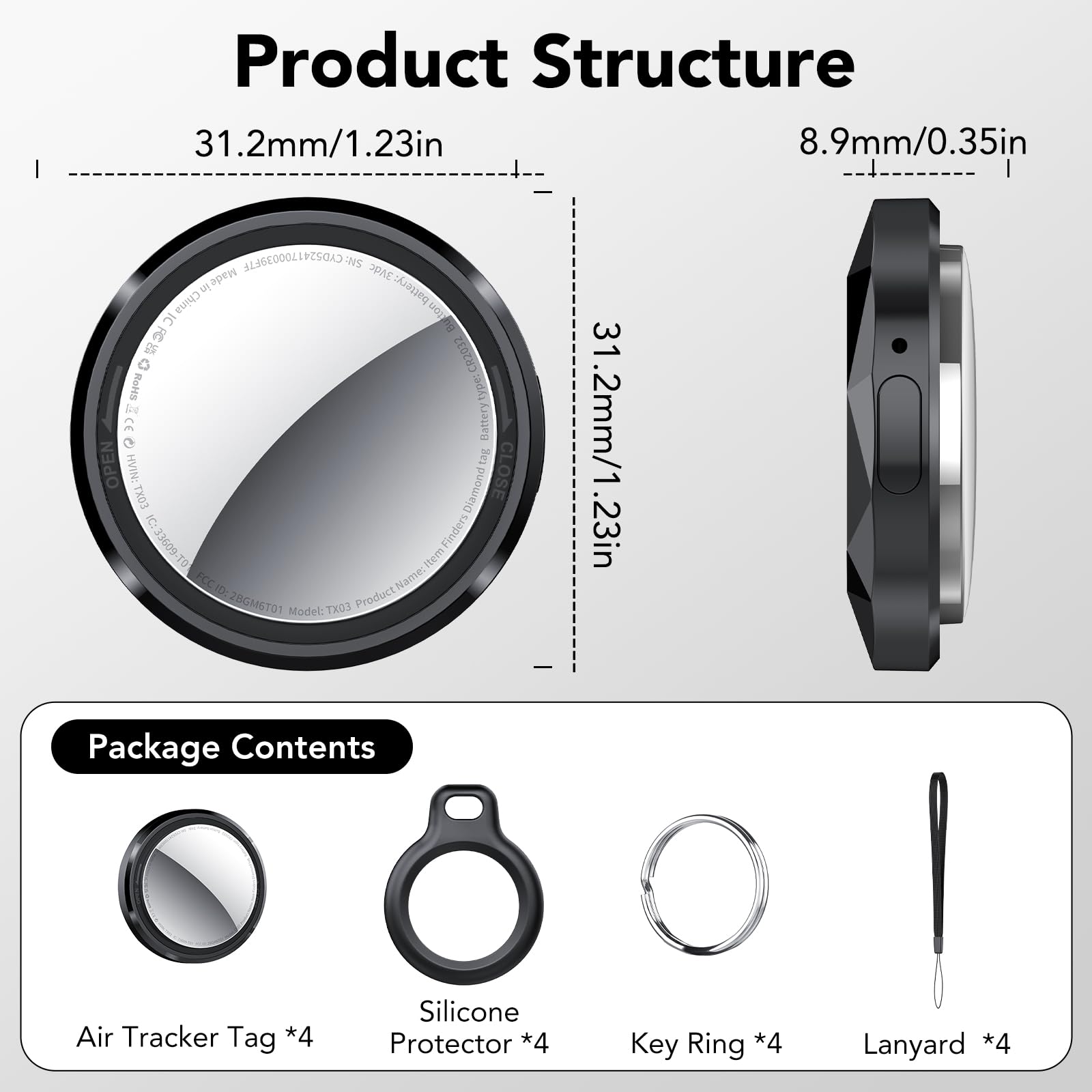 Air Tracker Tag 4 pezzi Nero, Bluetooth Trova Oggetti Compatibile con Apple Dov'è (solo iOS), Smart Tracker Localizzatore per Bagagli/Borse/Portafogli/Zaini, Chiavi Tag Tracking, Batteria Sostituibile