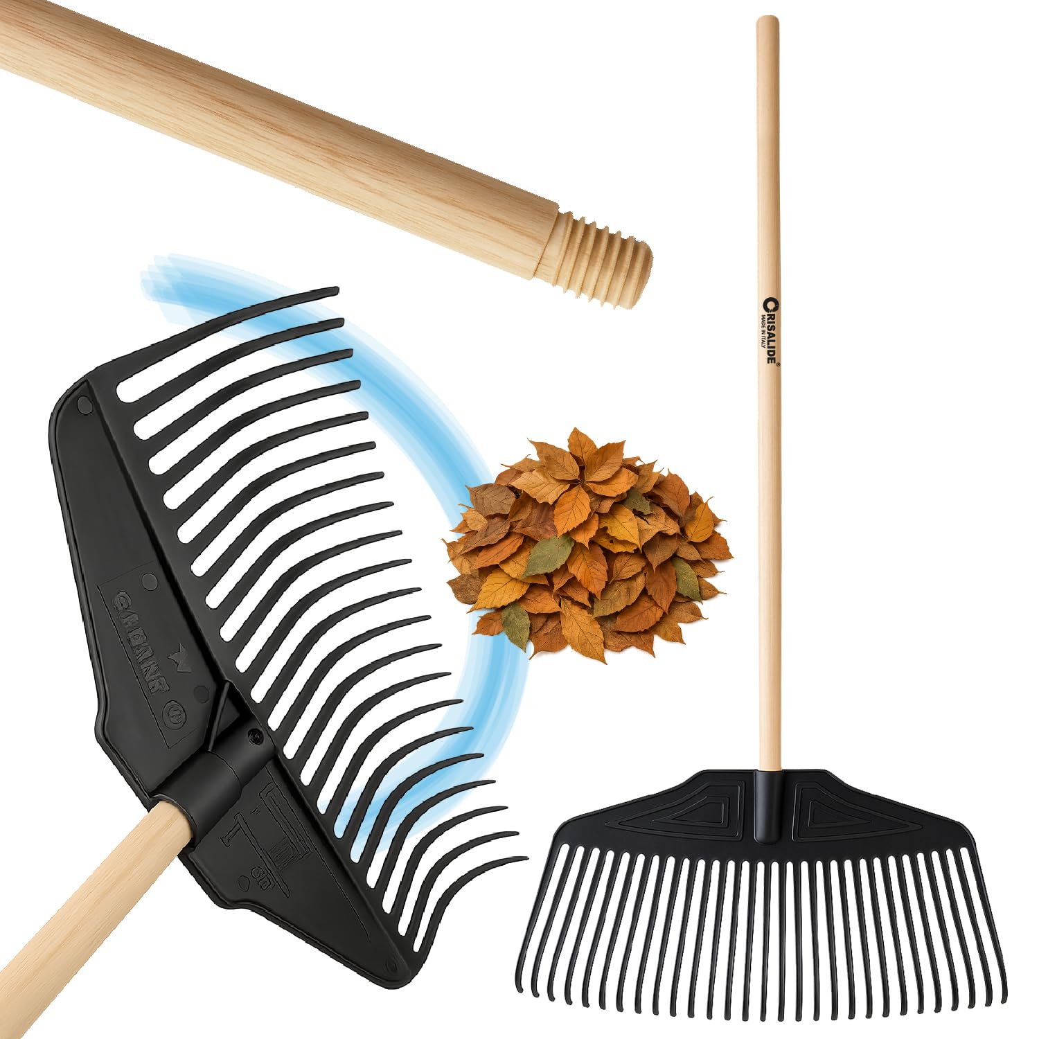 Crisalide® Rastrello da Giardino per Foglie con Manico in Legno 150 cm – Testa Larga in Plastica Flessibile – Ideale per Foglie, Paglia ed Erba – Attrezzo Leggero, Resistente e Maneggevole