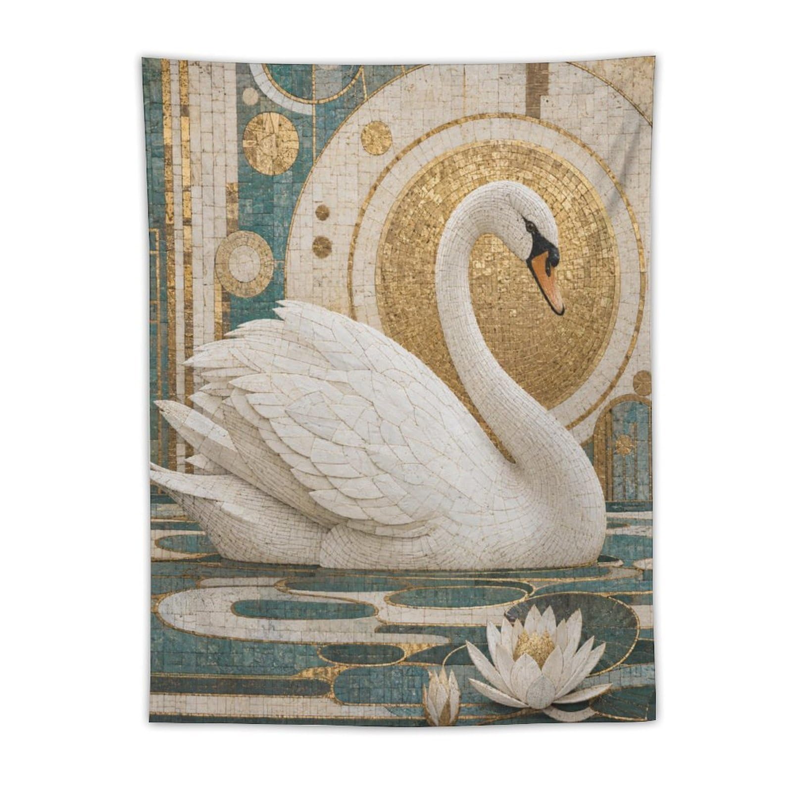 White Swan and Lotus Wall Tapestry, Mosaic Style, Room Divider