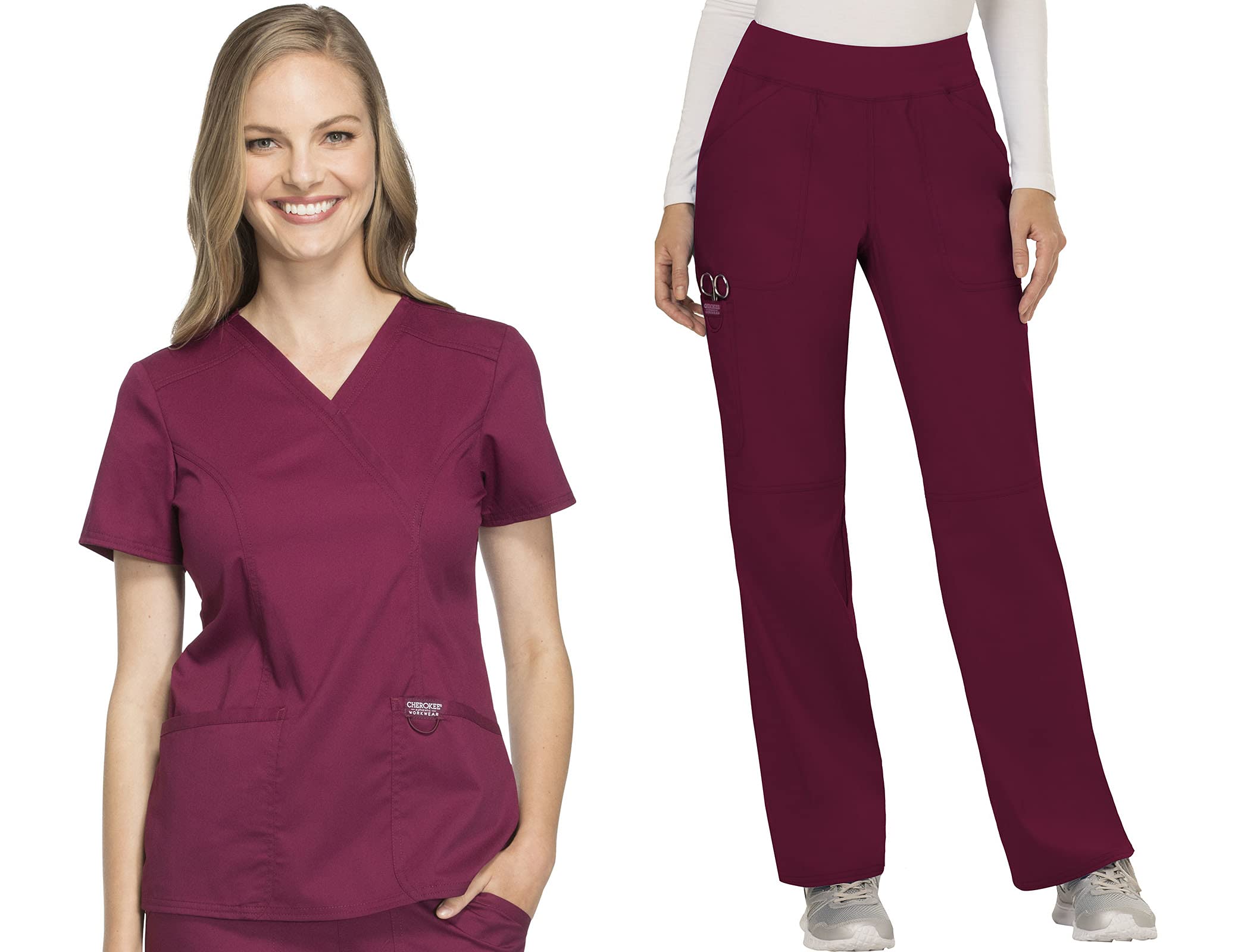 Cherokee Conjunto de uniforme médico para mujer, ajuste clásico moderno WW610 con pantalón de pierna recta y tiro medio, WW110, color vino, talla S Top/XS