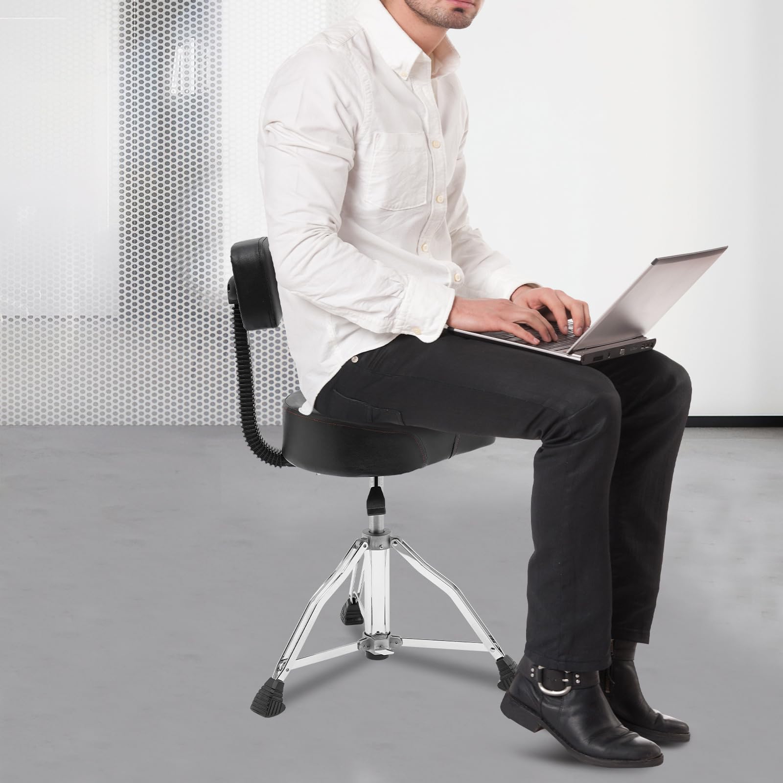 Trommelhocker Mit Rückenlehne, Höhenverstellbarer Trommelhocker, Pneumatischer Trommelstuhl, 45-60cm, Memory Foam, 120kg, 360° Rotierbar, Drum & Klavier & Büro, Klappbar, 43cm Breite