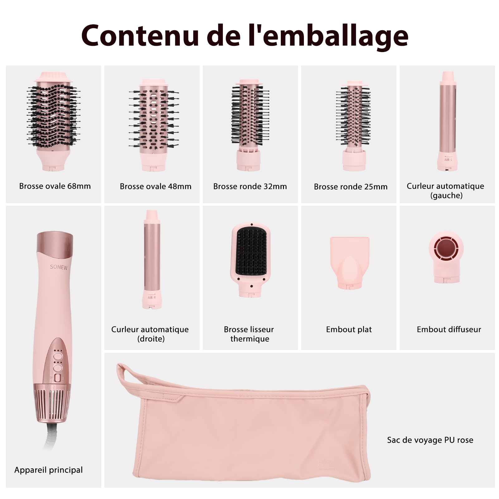 Sonew 9-en-1 Multi Hairstyler & Airstyler, 110 000 tr/min, Styler à Ions avec Sèche-Cheveux, Boucleur Automatique de 32 mm, Brosse Soufflante de 68 mm/48 mm/32 mm/25 mm, Brosse Lisseuse