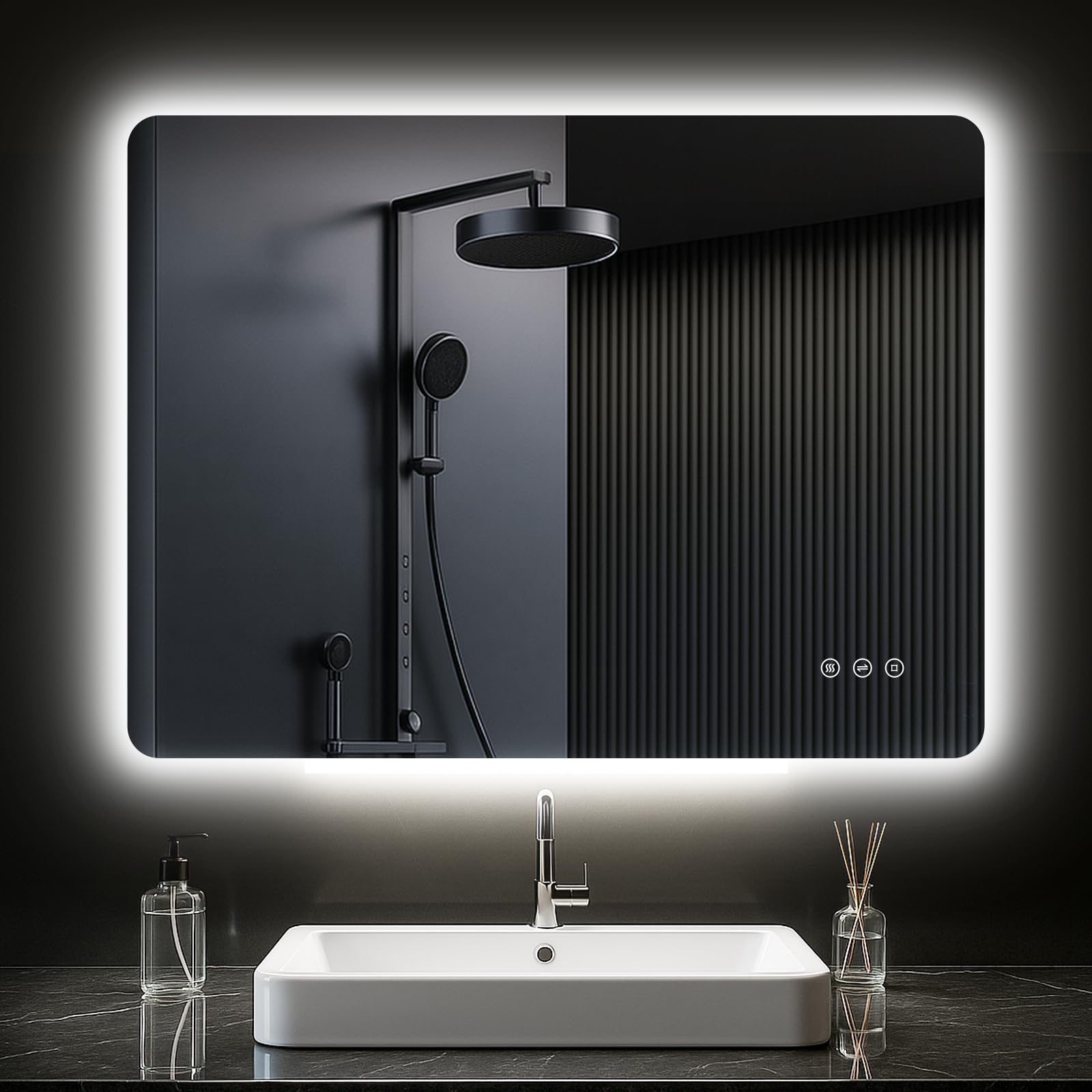 PESENXAN Badspiegel mit Beleuchtung 80x60cm, LED Spiegel Bad mit Antibeschlag, 3 Lichtfarben, Dimmbar, Rechteckig Badezimmerspiegel mit Touch-Schalter, Speicherfunktion, Horizontal/Vertikal Montage