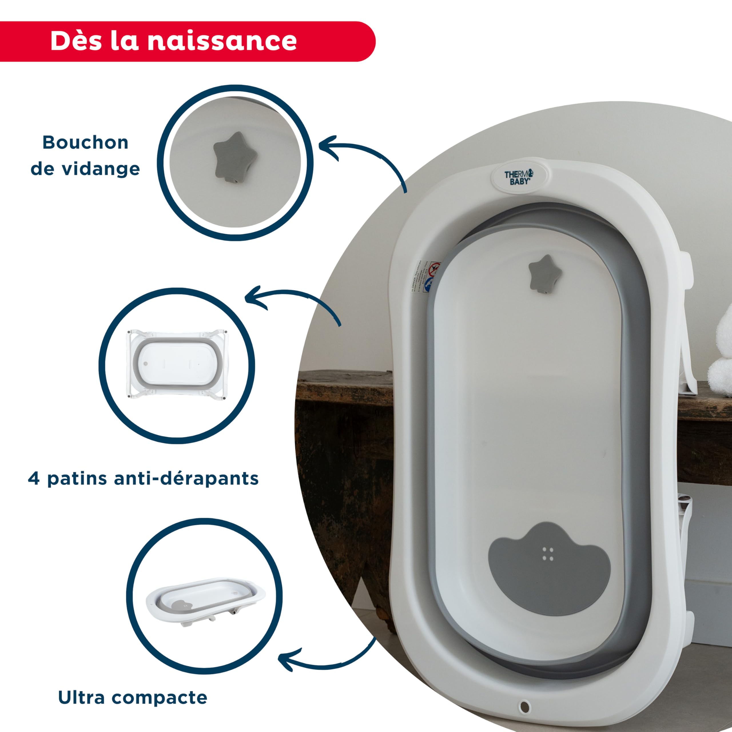 Thermobaby - Bañera plegable para bebé FOLDY: Ultracompacta - Diseño moderno - Almacenamiento práctico - Ocupa poco espacio - Fácil de usar