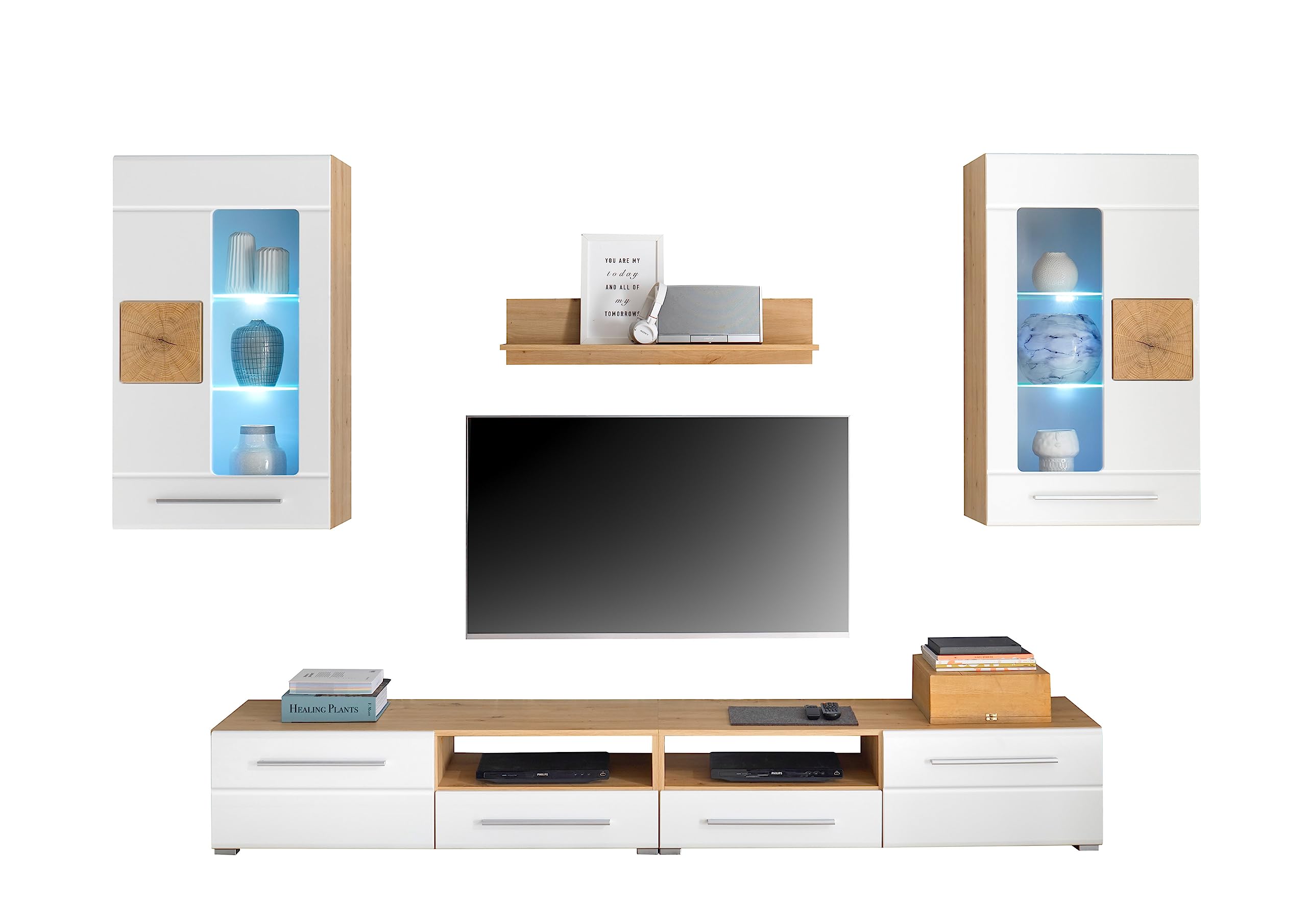 AVANTI TRENDSTORE Giorgina-Parete da soggiorno in laminato con illuminazione LED in quercia artigianale e bianco lucido. Dimensioni: LAP 240x190x43 cm