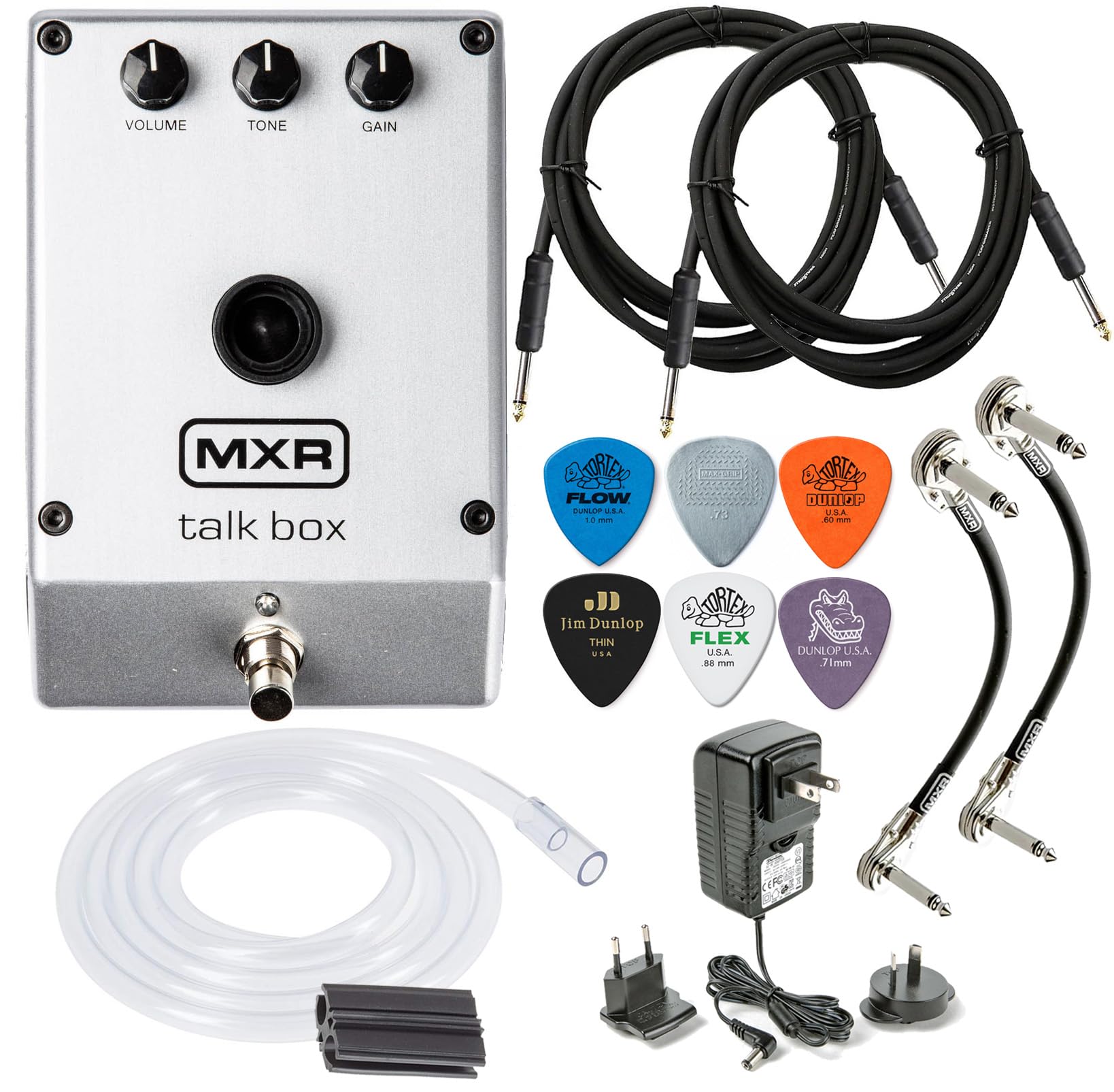 flysclean MXR M222 TALK BOX Pedal de efectos para guitarra, teclado y otros instrumentos con 2 cables, púas Dunlop, afinador True Tune, 2 cables de conexión MXR