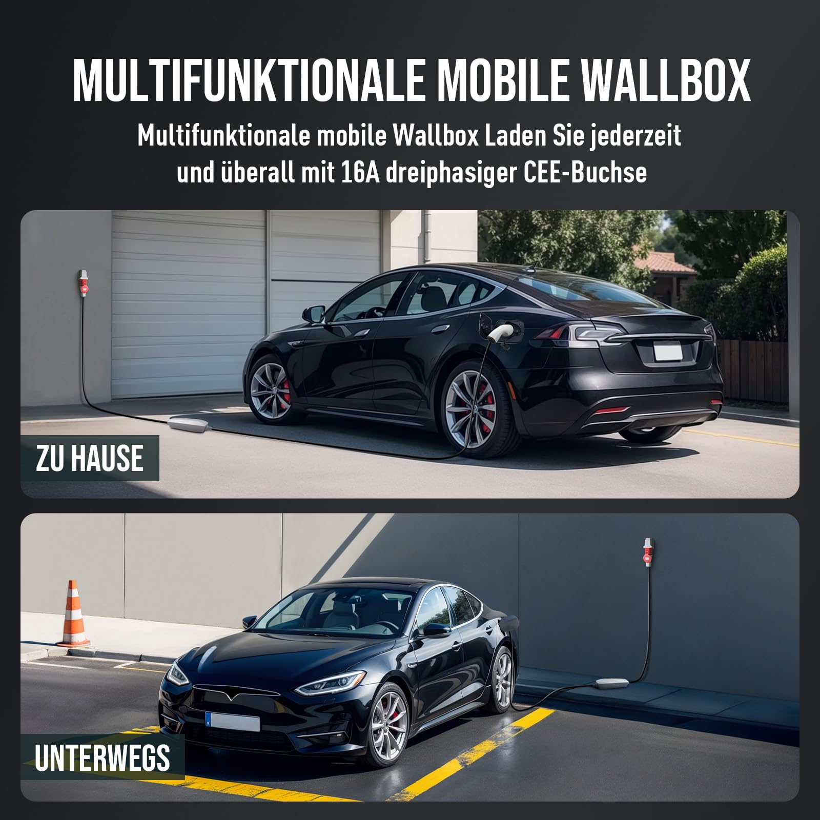 Teskee Mobile Wallbox 11kW Typ 2 Ladekabel EV Ladegerät für alle Elektrofahrzeugen EV PHEV | Max. 11kW 6-16Amp 6 Meter in Länge 3-Phasig CEE Stecker