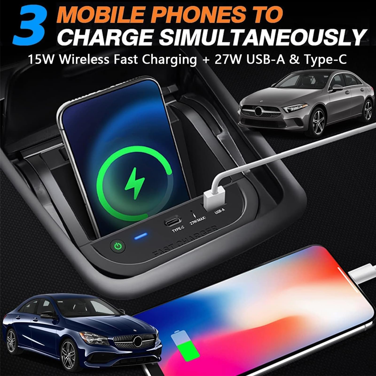 2021 Upgrade Draadloze Autolader voor Mercedes-Benz C-Klasse GLC 2021-2016 Accessoirepaneel middenconsole, 15W snelladende telefoonoplader met QC 3.0 USB en 18W PD voor iPhone Samsung