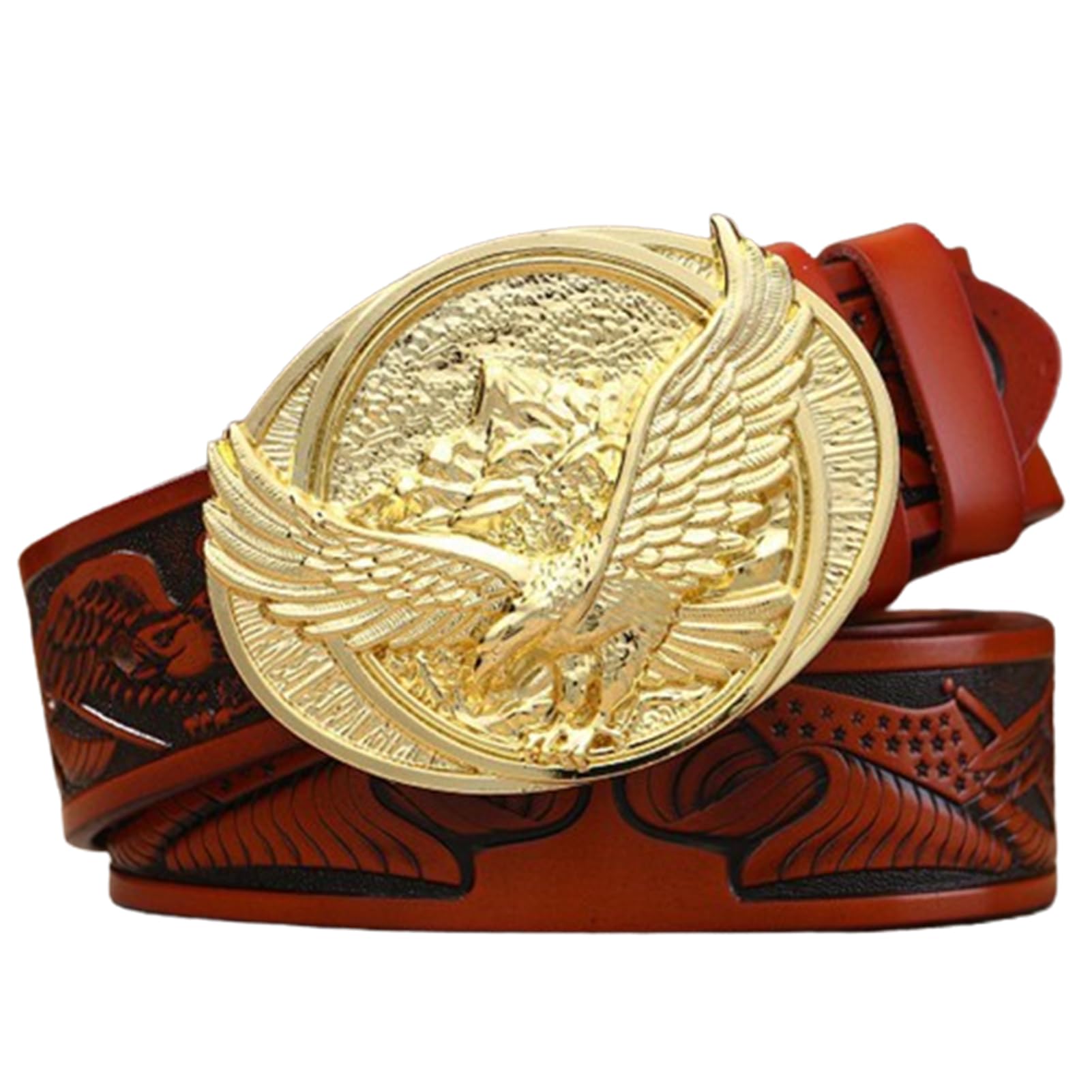AGUTALITHIC Western-Leather-Belt for Men Women Engraved Gold Soaring Eagle-Oval-Buckle Embossed Cowgirl Strap for Jeans Pants(125cm/49, Brown)