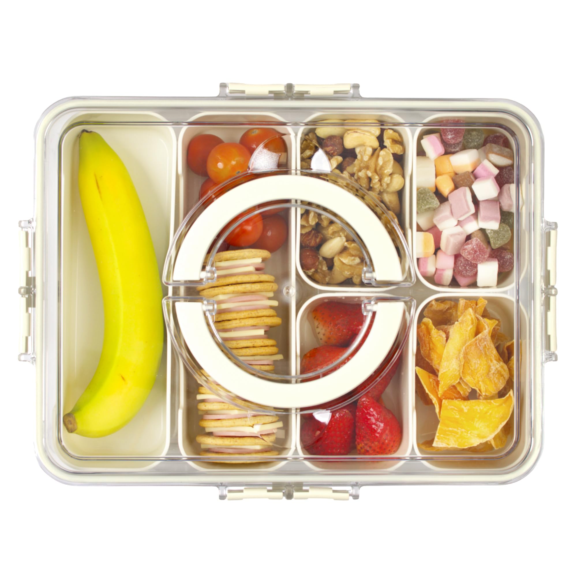 LIVIVO Snack Box with Compartments - 6 Removable Trays, Portable Snack Tray with Lid, Handle, Four Snap Locks - Silicone Seal, BPA Free - Ideal for Fruit, Snacks, Nuts, Spices, Picnics & Parties