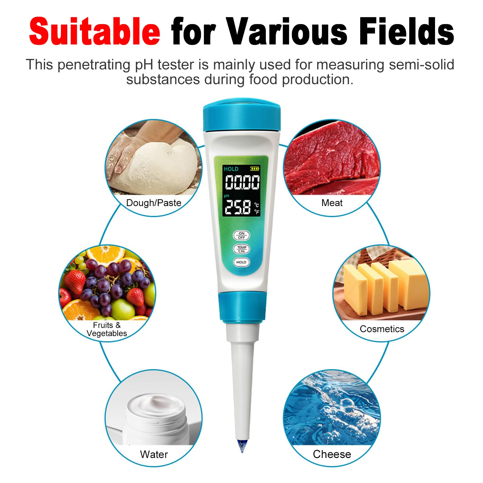 Jectse Probador de PH para Cosméticos, Medidor de PH Digital con Pantalla de Temperatura, Pantalla LCD Retroiluminada, Compensación Automática de Temperatura, Kit de PH de Alimentos
