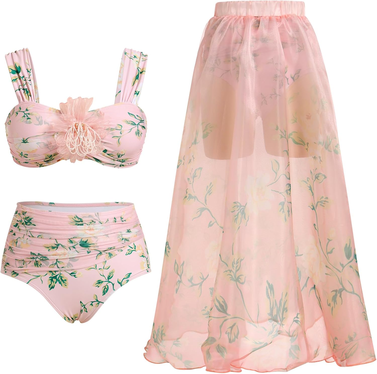 IDOPIP Women's One Piece Swimsuit with Beach Cover up Wrap Skirt Sarong Retro Floral Print Bikini Set Two Piece Bathing Suit X-Large Pink Floral - 3pcs