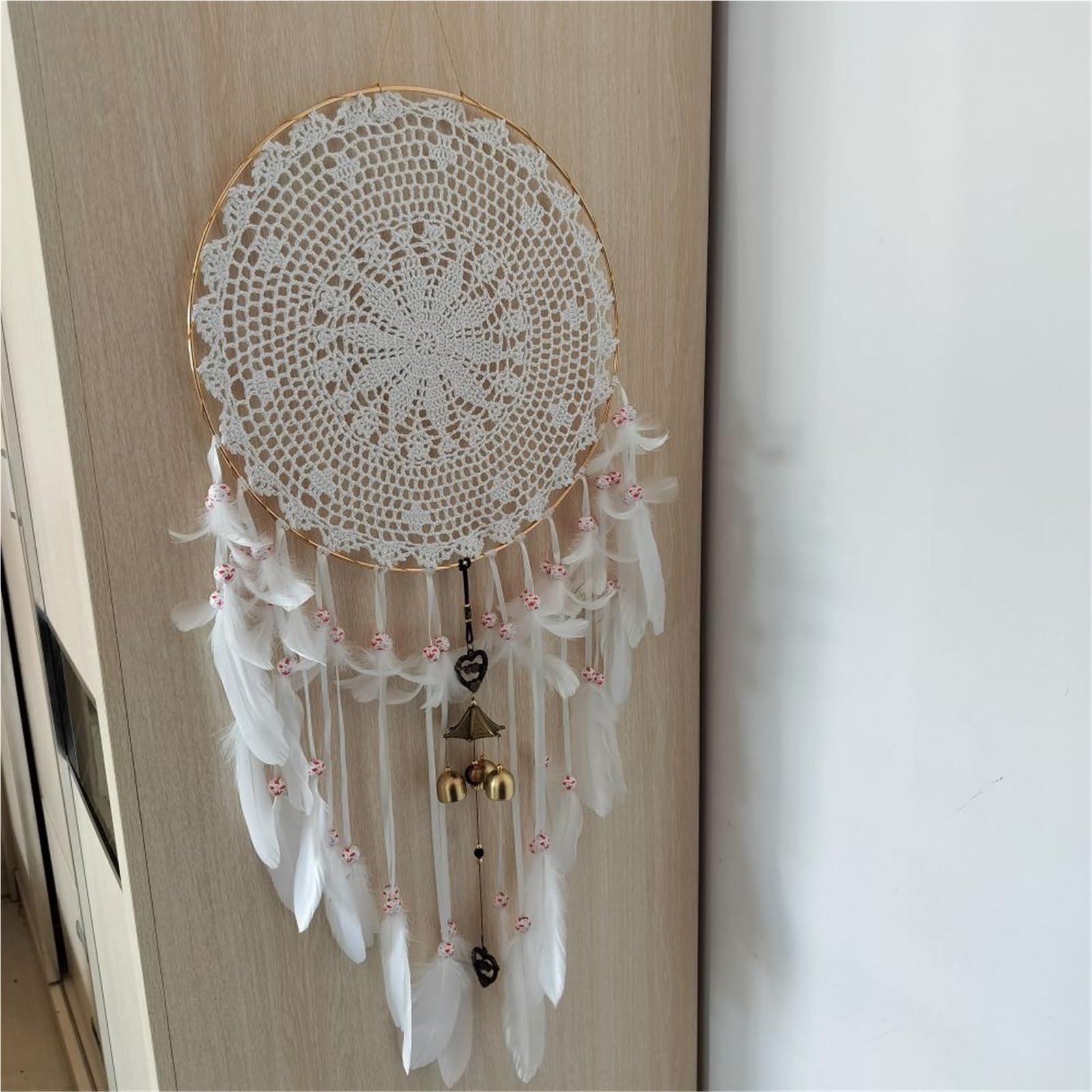 Atrapasueños de Plumas Colgantes Bronce, Campanas Viento Grandes Hechas a Mano, atrapasueños con Cuentas Madera, decoración for Las Paredes del salón Dormitorio para El Dormitorio