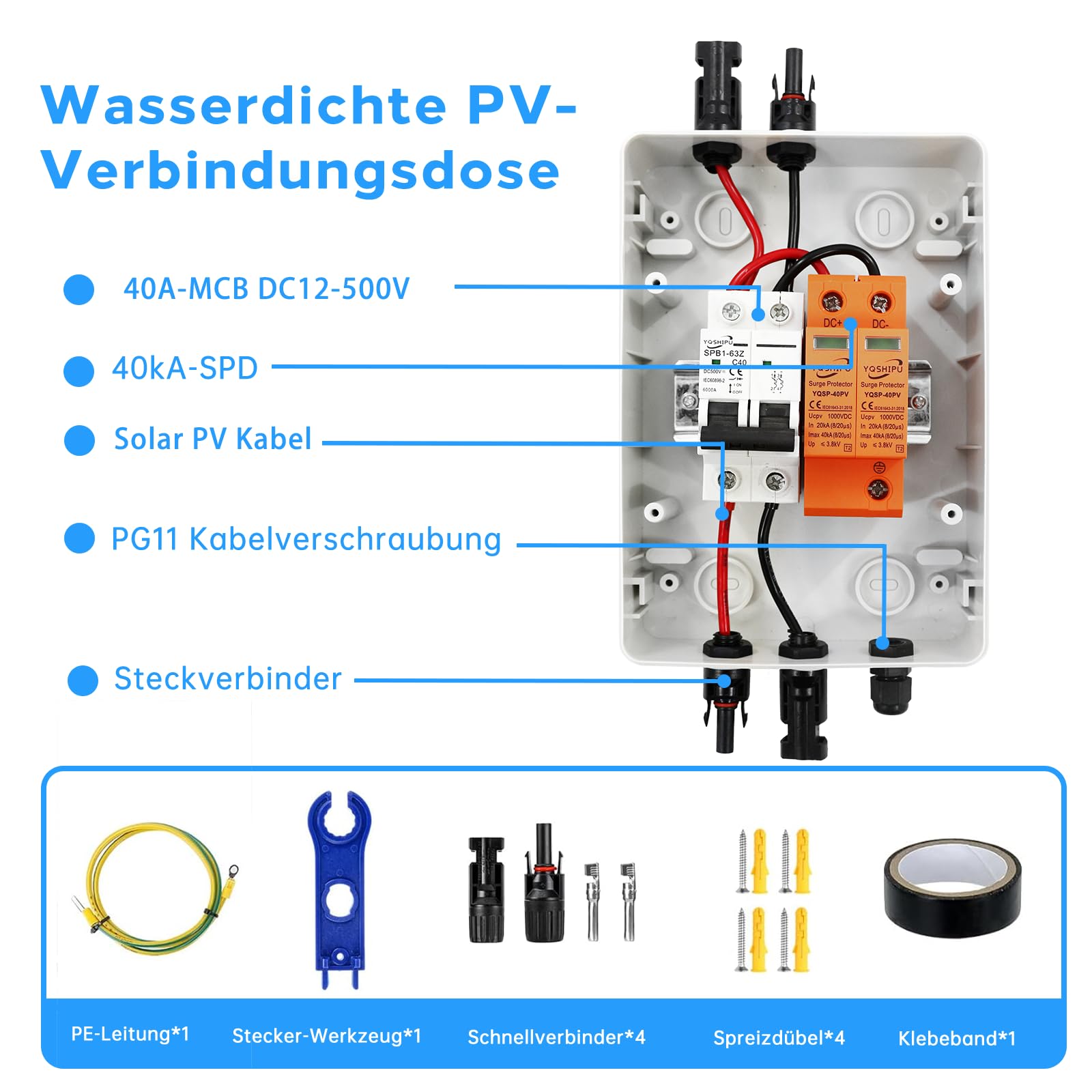Protezione da sovratensione in PV, SPD 20kA, Interruttore 40A 500V, IP65 Plug and Play Quadro Fotovoltaico
