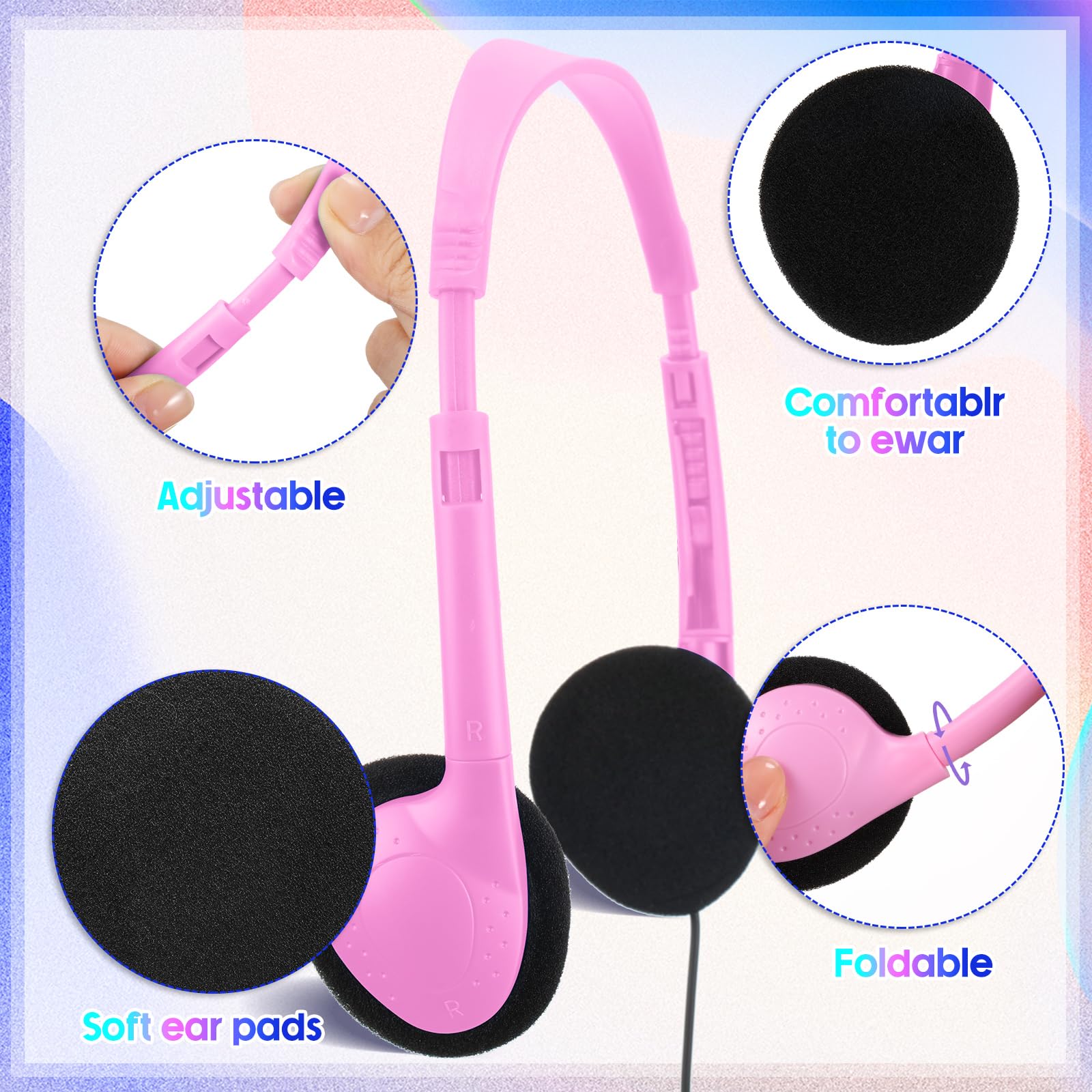 Hoteam Confezione da 100 cuffie regolabili per studenti in classe, con cavo, colore nero, con spina da 3,5 mm, per scuola, biblioteca, musei, beneficenza, omaggi (colori vivaci)