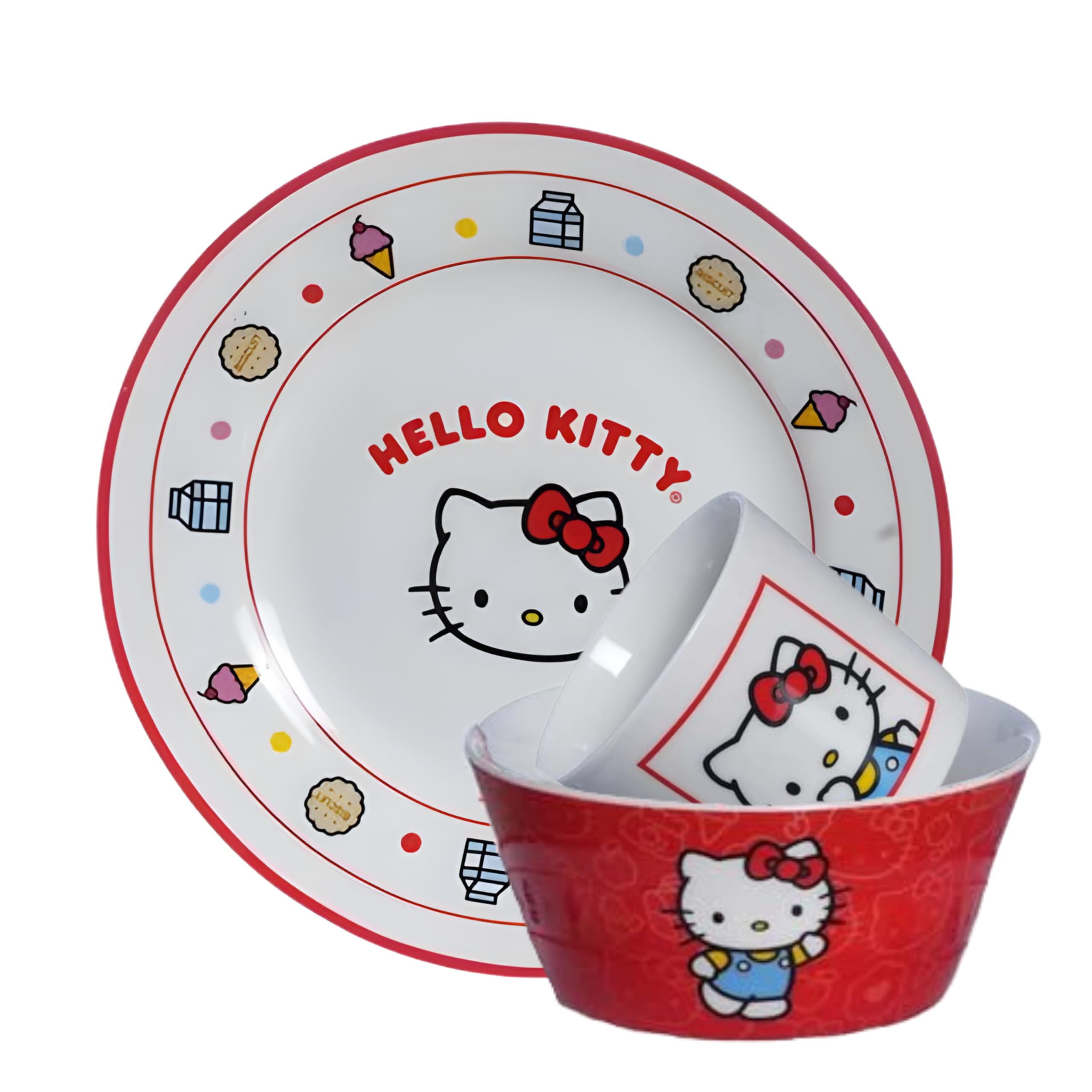Zonacriativa – Kit Café da Manhã Hello Kitty | Caneca, Bowl e Prato em Cerâmica Resistente | Para Lanches/Refeições Rápidas e Divertidas - Café da Tarde Personalizado e Especial - Branco e Vermelho