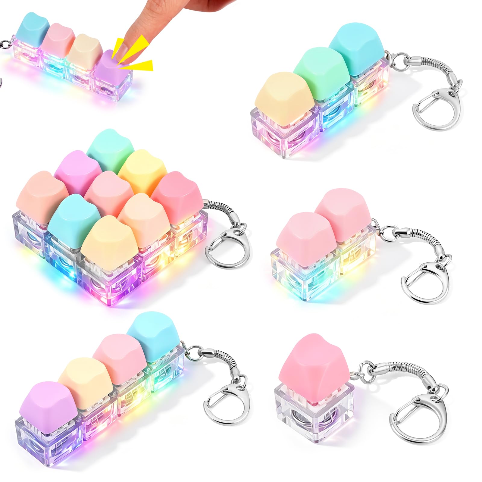 GWCYMYD 5 PCS Keyboard Fidget Toy, Clicker Fidget Toy with LED Light, Finger Decompression Keyring, Mechanical Keycap Clicker, Portable Stress Relief Gifts for Adults Kids Office School(Style2)