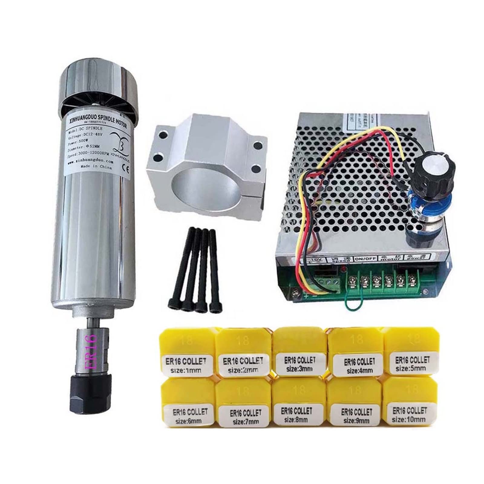 Mooilko Package 6 Er16 Air Cooled Dc 48V 0.5Kw Cnc Spindlemotor Kit Er16 Chuck 500W Spindle Motor + Power Supply Speed Governor For Engraving Smooth Running(Package 6 Er16)