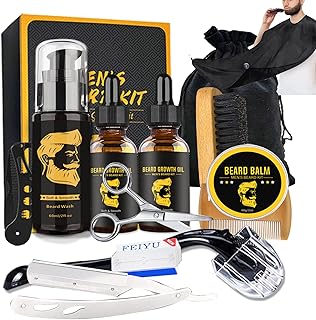 Beard Kit for Men Grooming & Care W/Beard Wash, 2 Packs Beard Growth Oil, Beard Comb, Balm, Brush, Pocketknife Comb, Storage Bag, Beard Brush, Razor Blades, Apron, Beard Scissor, Mens Beard Care Gift