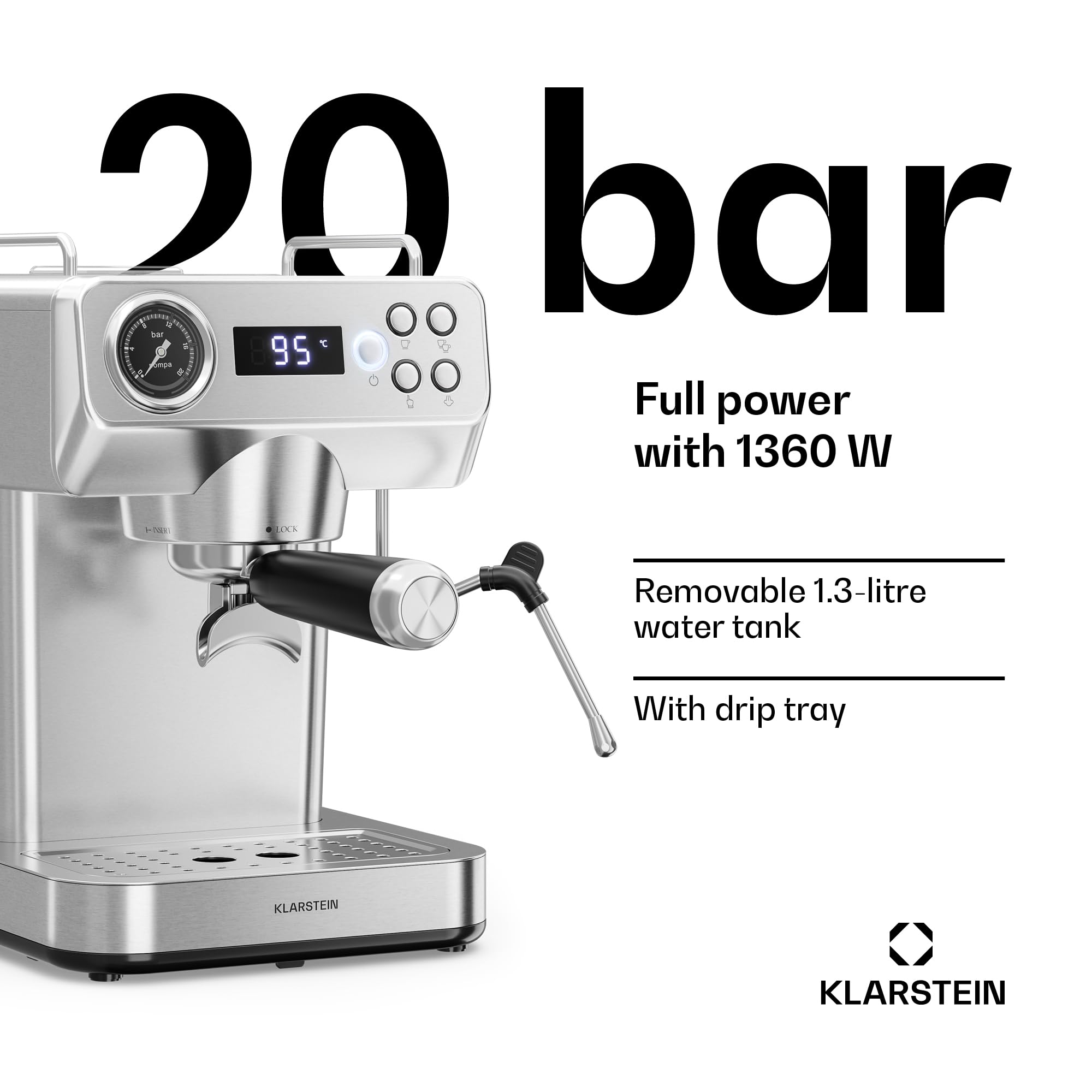 Klarstein Libeica Evo kolbowy ekspres do kawy – 20 bar, 1360 W, spieniacz sdo mleka, zbiornik na wodę o pojemności 1,3 l, obudowa ze stali nierdzewnej