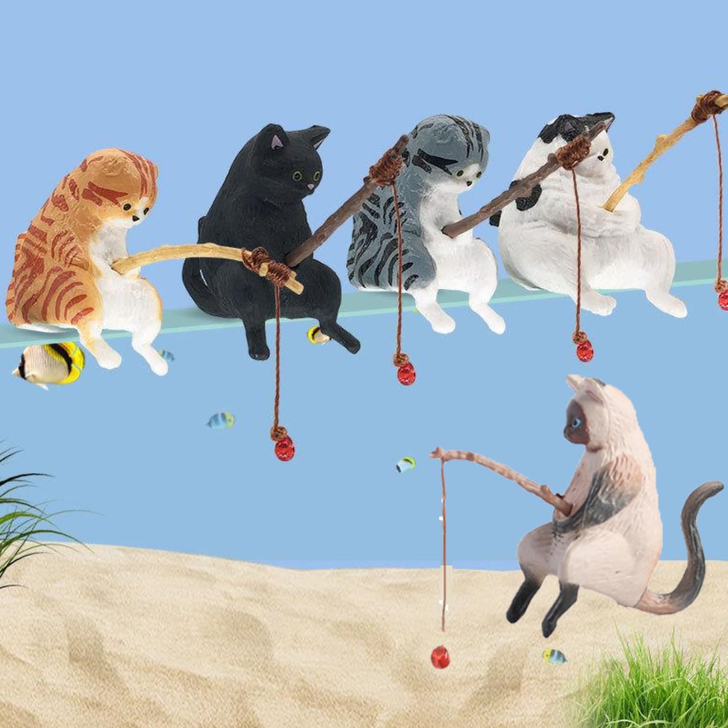 KARLOR Pack of 5 Mini Kitten Figures Fishing Kittens Decorative Garden Aquarium Fish Tank Decoration Miniature Cat Figures Cat Fishing Statue Sculpture Animal Ornaments Desk Car Desktop Office