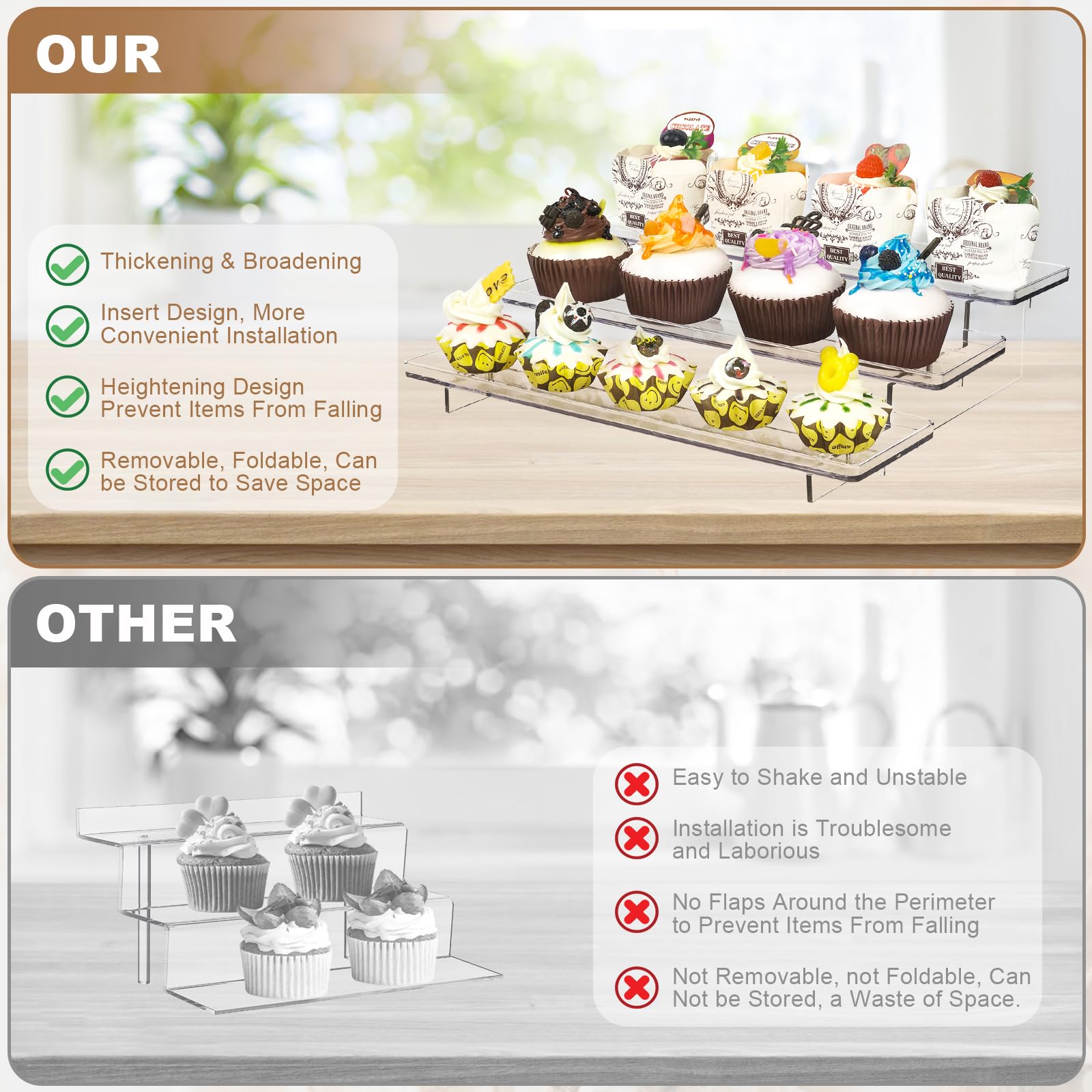 2 Pack 3-stufige Acrylständer für Displays, 12 Inch Clear Display Stand Risers Regal für Cupcakes Parfums Figurines, Tisch-Cupcake-Ständer zum Dekorieren und Organisieren (11,8 "x 9,4 "x 3")
