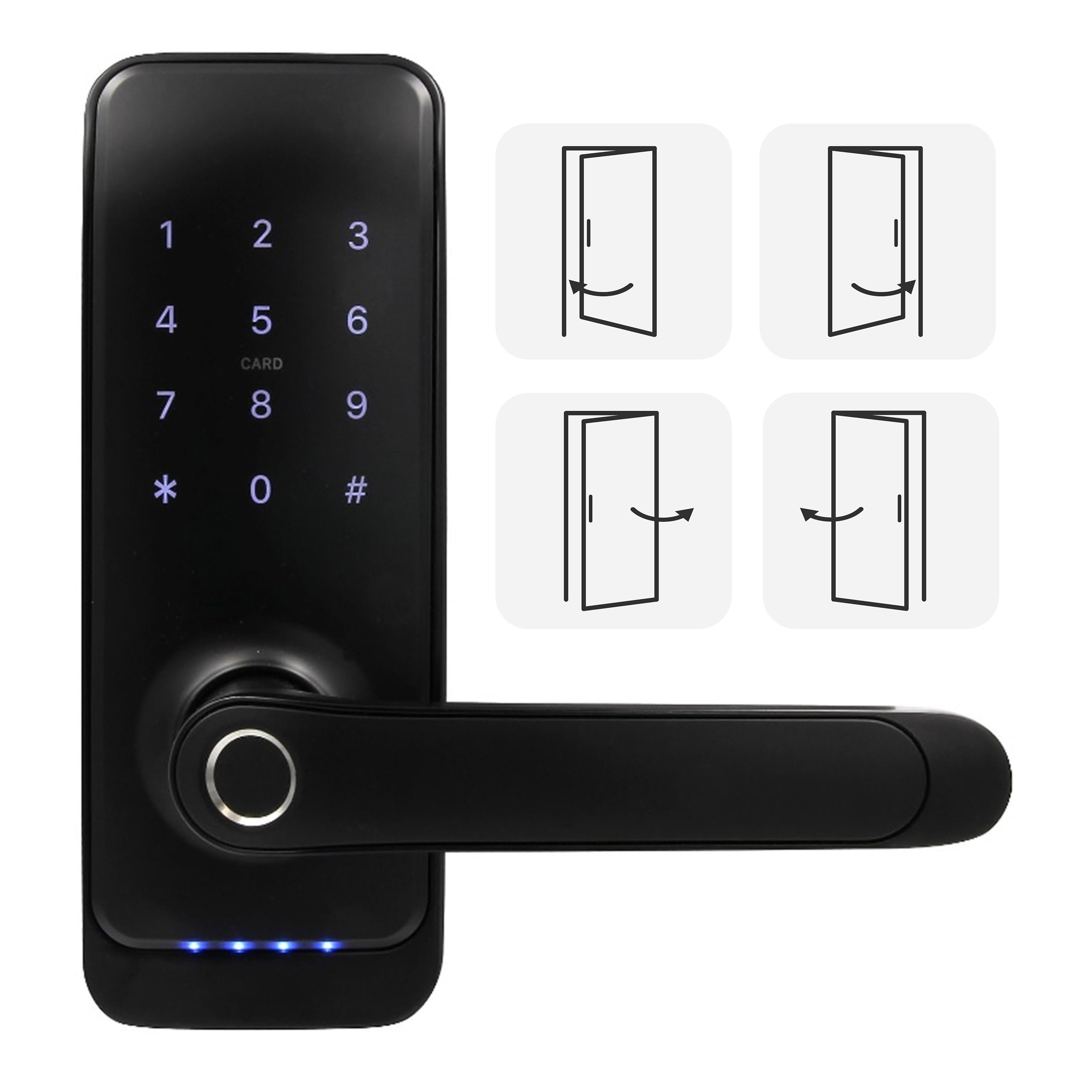 EURA ELH-01H4 Serrure de porte intelligente avec poignée, serrure à code, lecteur de proximité 13,56 MHz, lecteur biométrique, application TTLock/TTHotel, IP65, distance universelle des verrous, noir