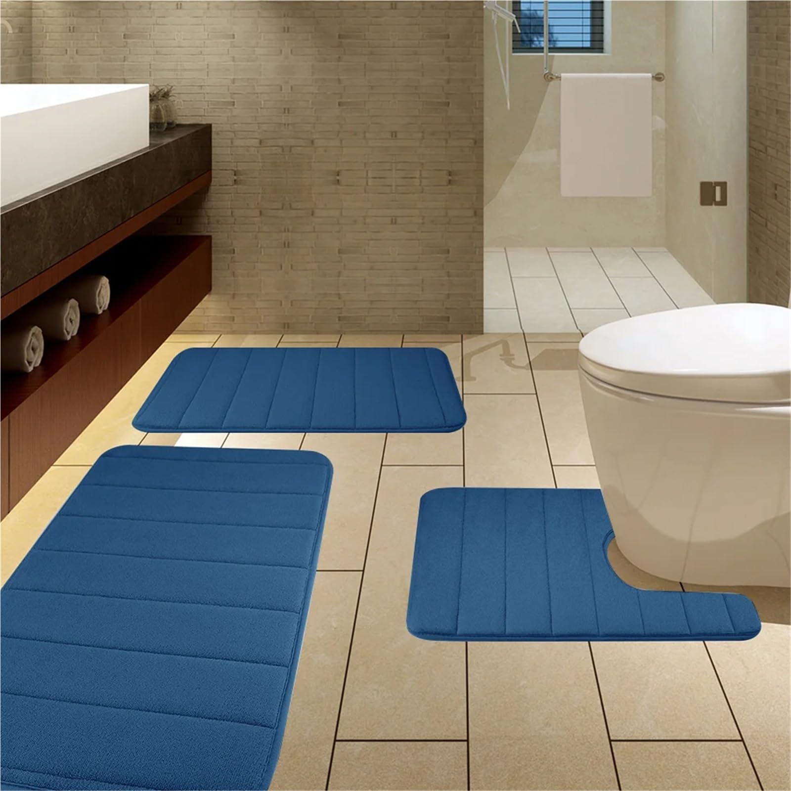 Memory Foam Badteppich 3er Set, rutschfest Rechteckig & U-Form Weich & Saugfähig WC Vorleger Dunkelblau Badzubehör