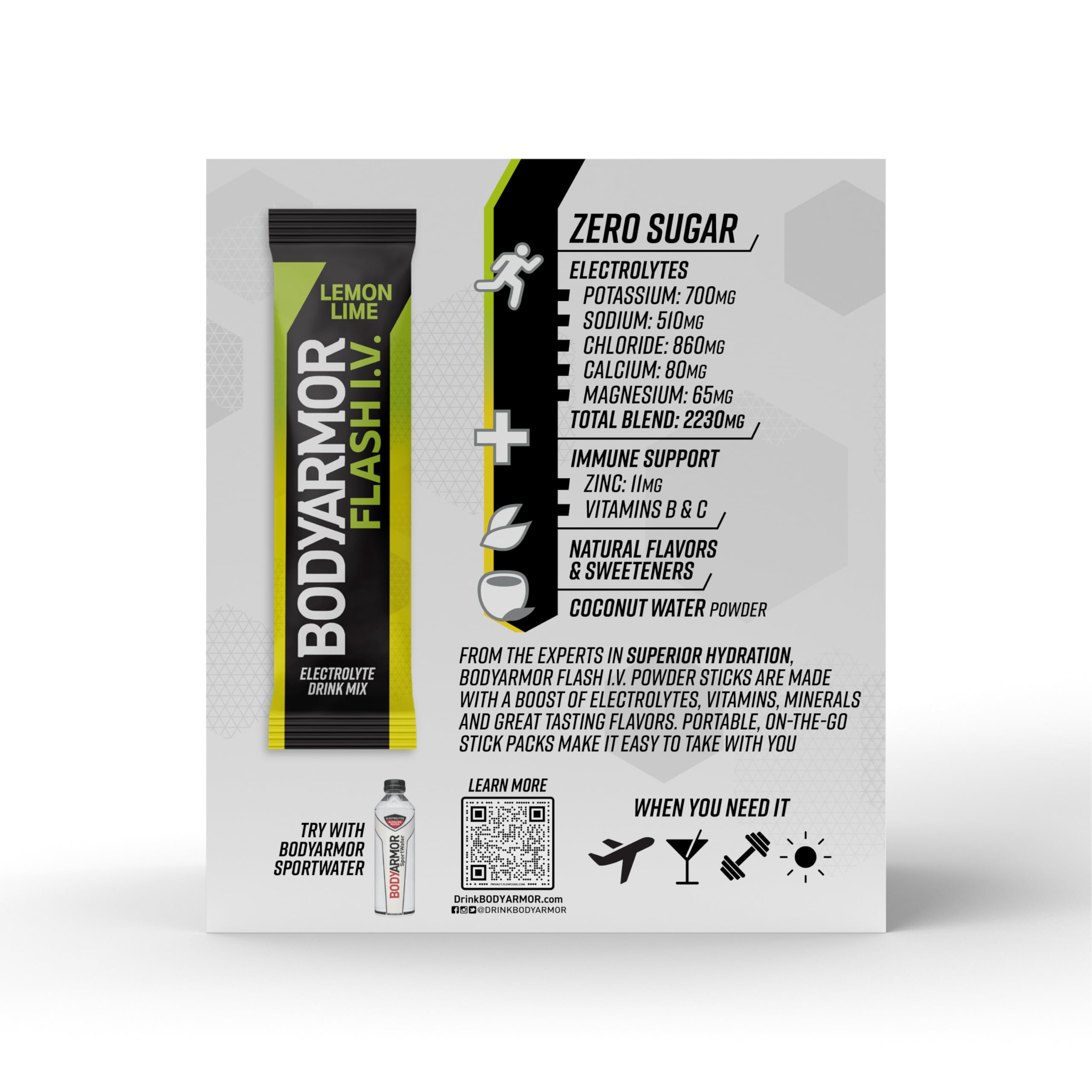 BODYARMOR Flash IV Electrolyte Packets, Lemon Lime - Zero Sugar Drink Mix, Single Serve Packs, Coconut Water Powder (15 Count)