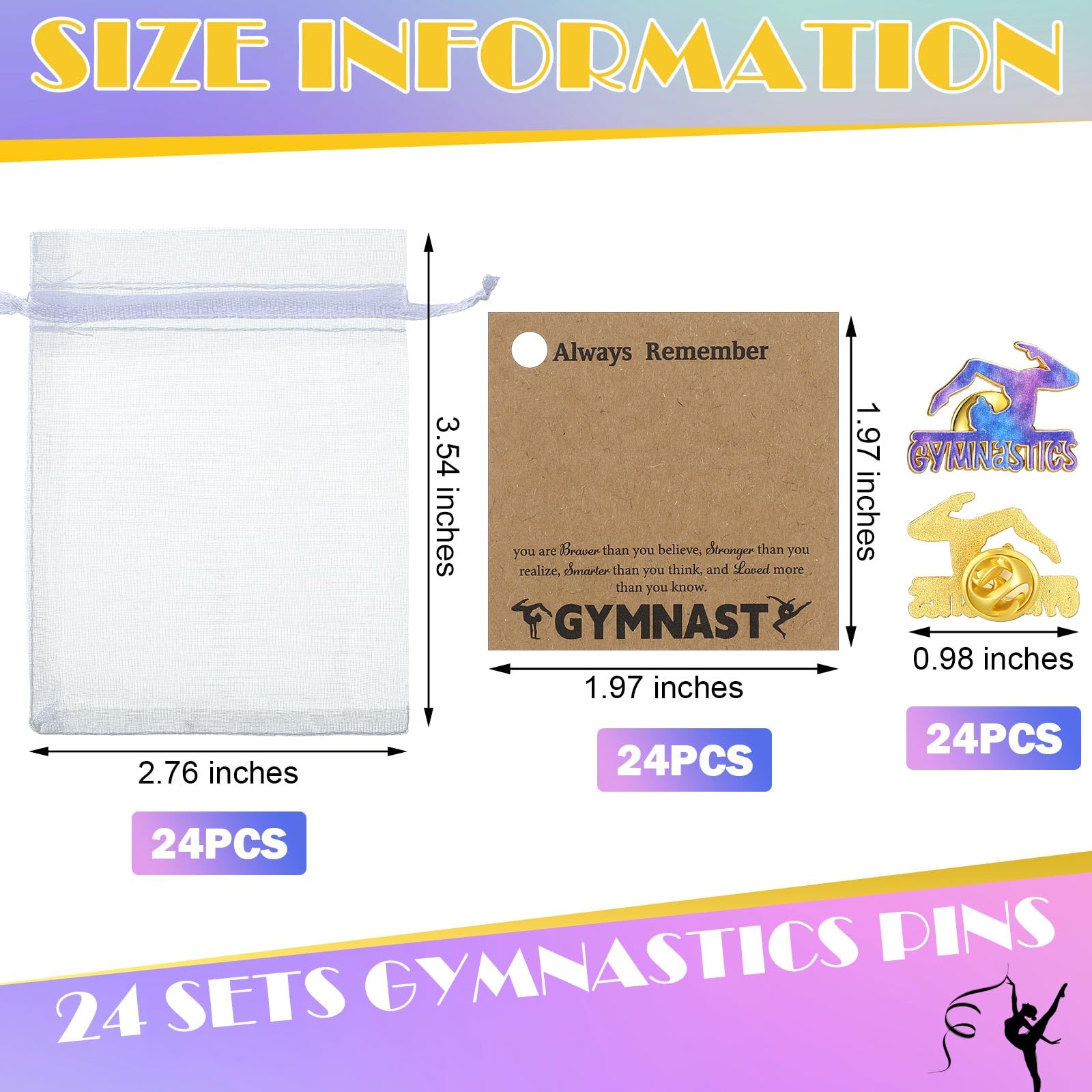 Hoteam 24 Sets Gymnastik Pin Geschenkset mit Gymnastik Anstecknadeln Karten Organza Beutel für Party Favors Award Button Cute Birthday Graduation Team Geschenke