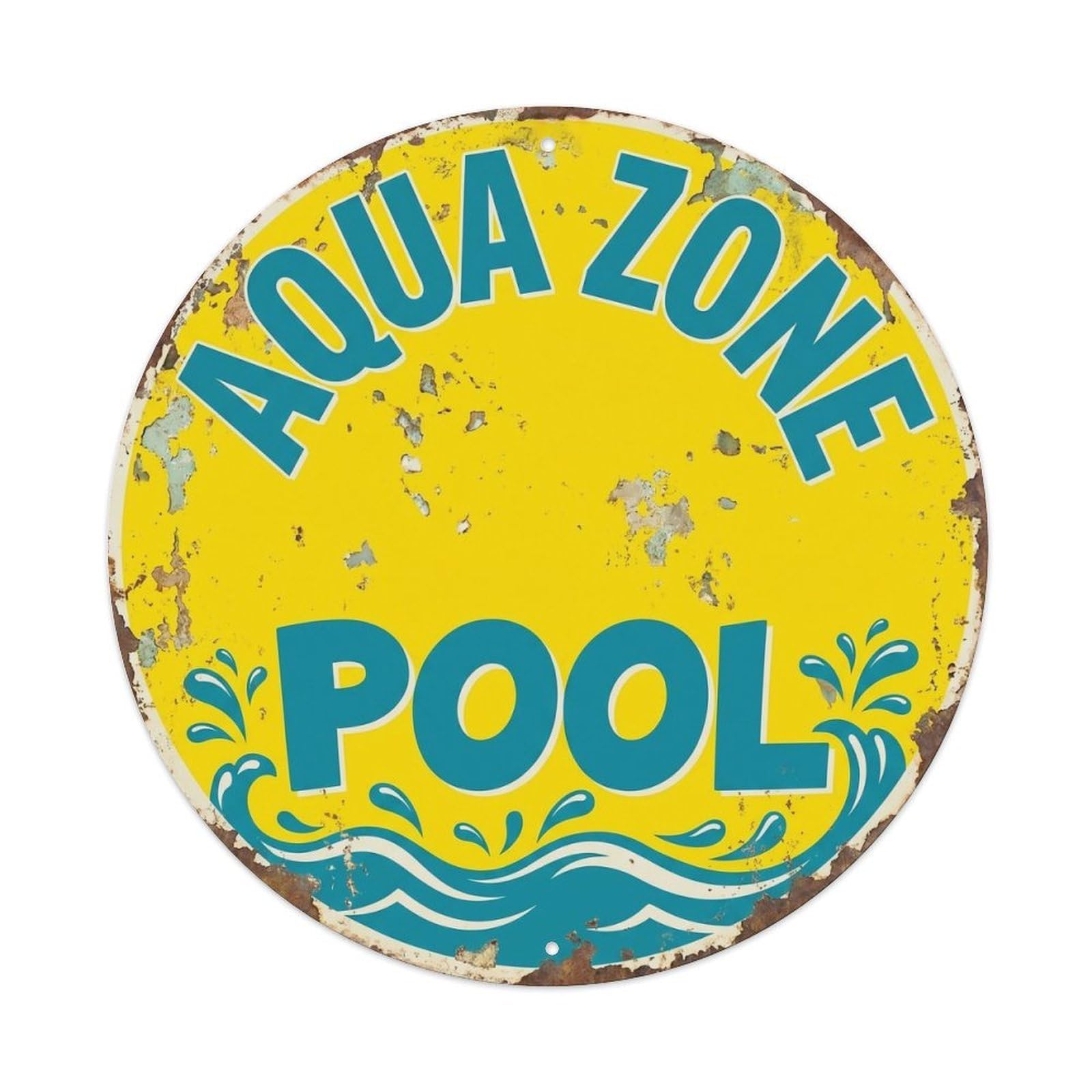 Aqua Zone Pool Vintage Metal Tin Sign Plaque Wall Decor for Cafe, Club, Garden Round Metal Poster 8x8Inch