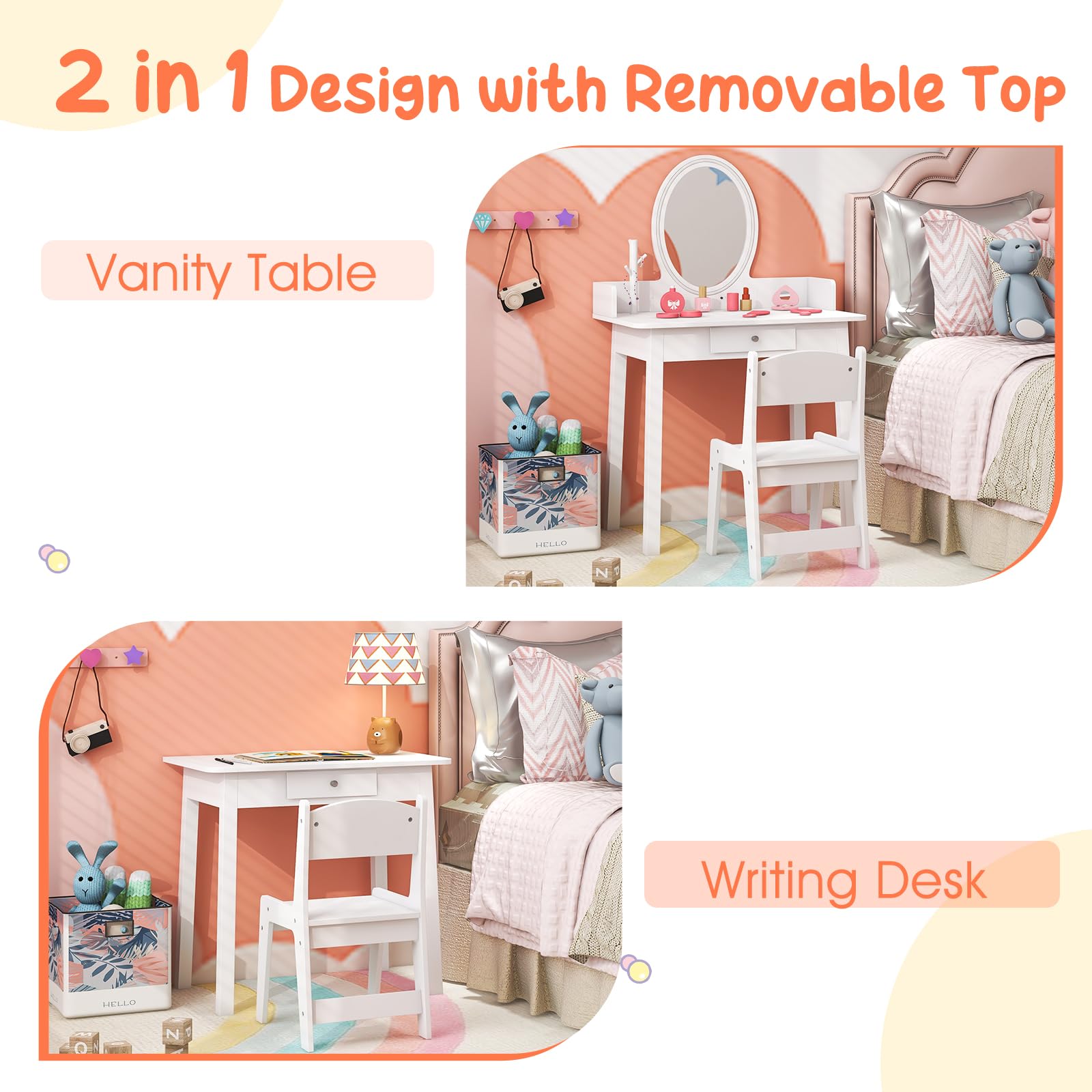 LIFEZEAL Toeletta per Bambini con Sedia e Specchio LED a 2 Colori, Tavolo da Trucco per Ragazze con Cassetto e Organizer a Forma di Albero, Set da Scrivania per Bambini dai 3 a 8 Anni
