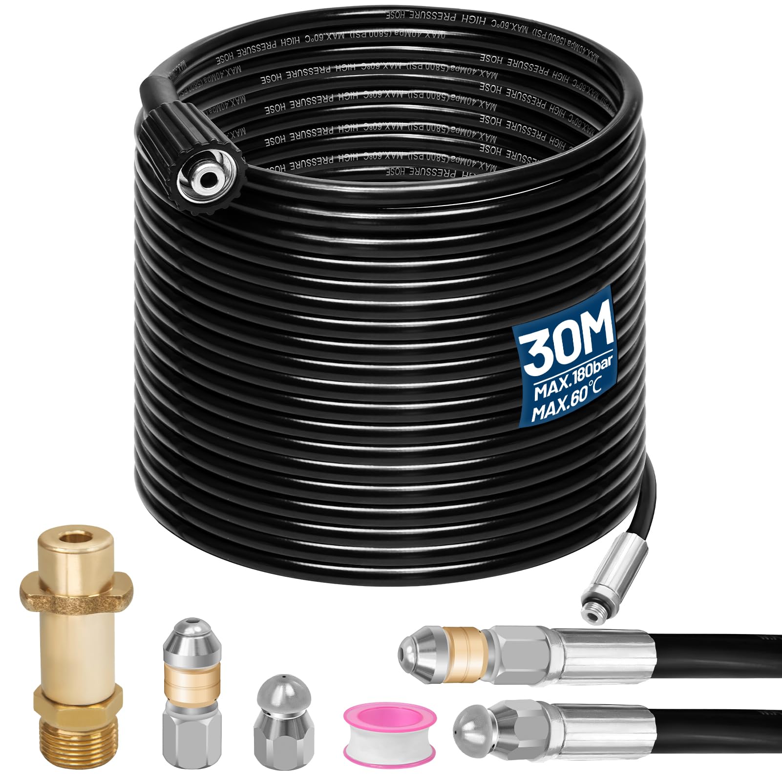 Set di tubi per la pulizia dei tubi, 30 m, 180 bar, 60 °C, con ugelli rigidi + girevoli, 1 adattatore compatibile con idropulitrice ad alta pressione K2, K3, K4, K5, K6, K7, set universale per la