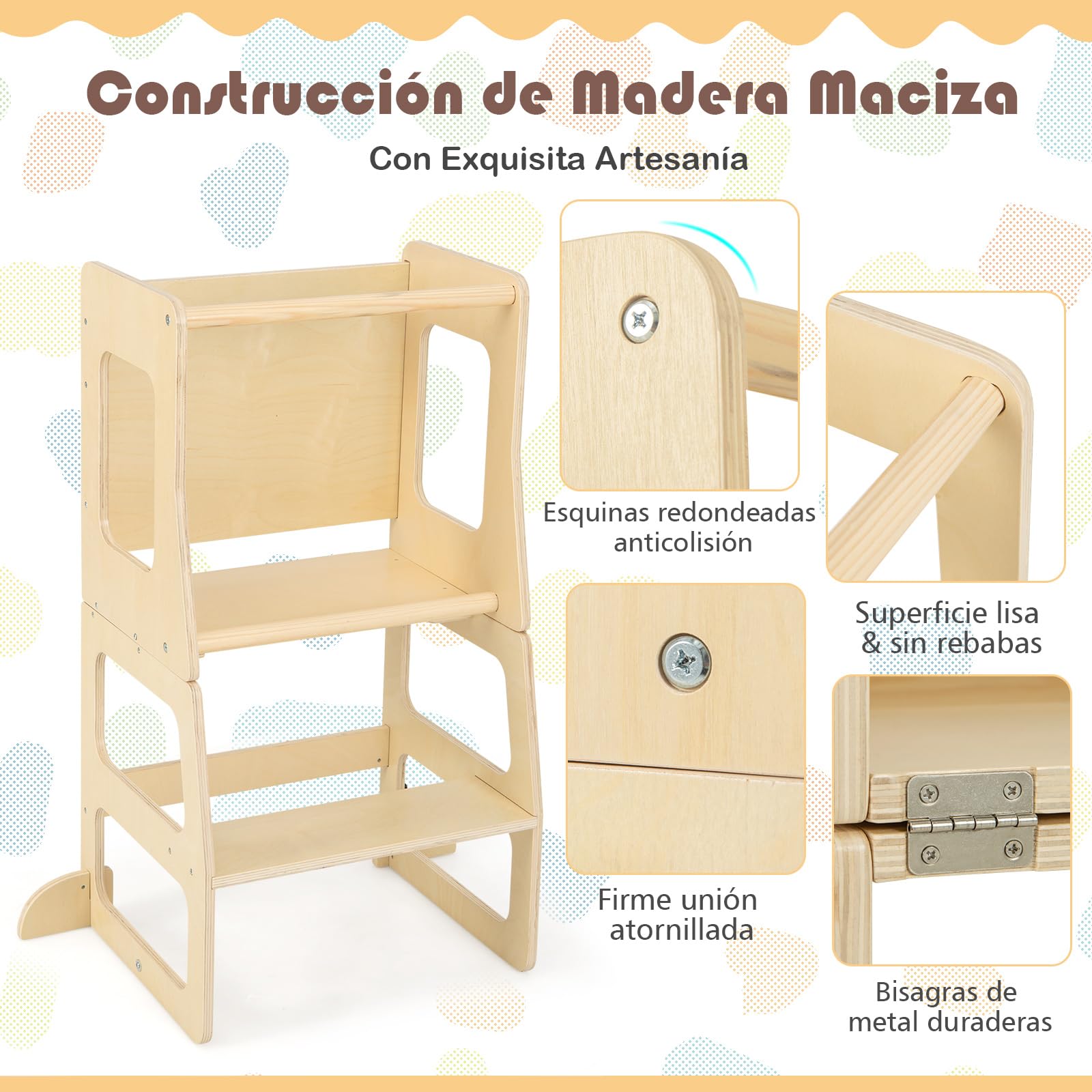 COSTWAY Torre de Aprendizaje Plegable 3 en 1, Taburete Infantil Montessori de Madera con Pizarra, Mesa, Taburete y Barra de Seguridad para Baño Cocina, Juego de Mesa y Silla para Niños