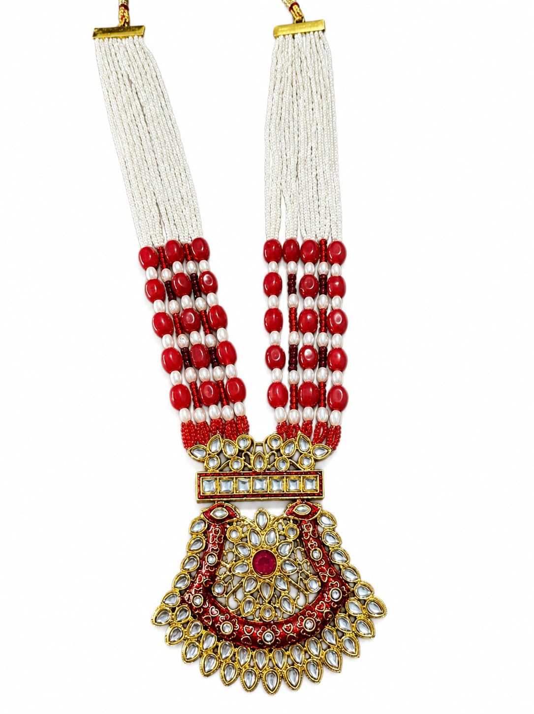 Traditional Kundan Pendant Necklace with Multi-Strand White Beads, Red Stones, Pearl and Gold-Tone Metalwork-image-37