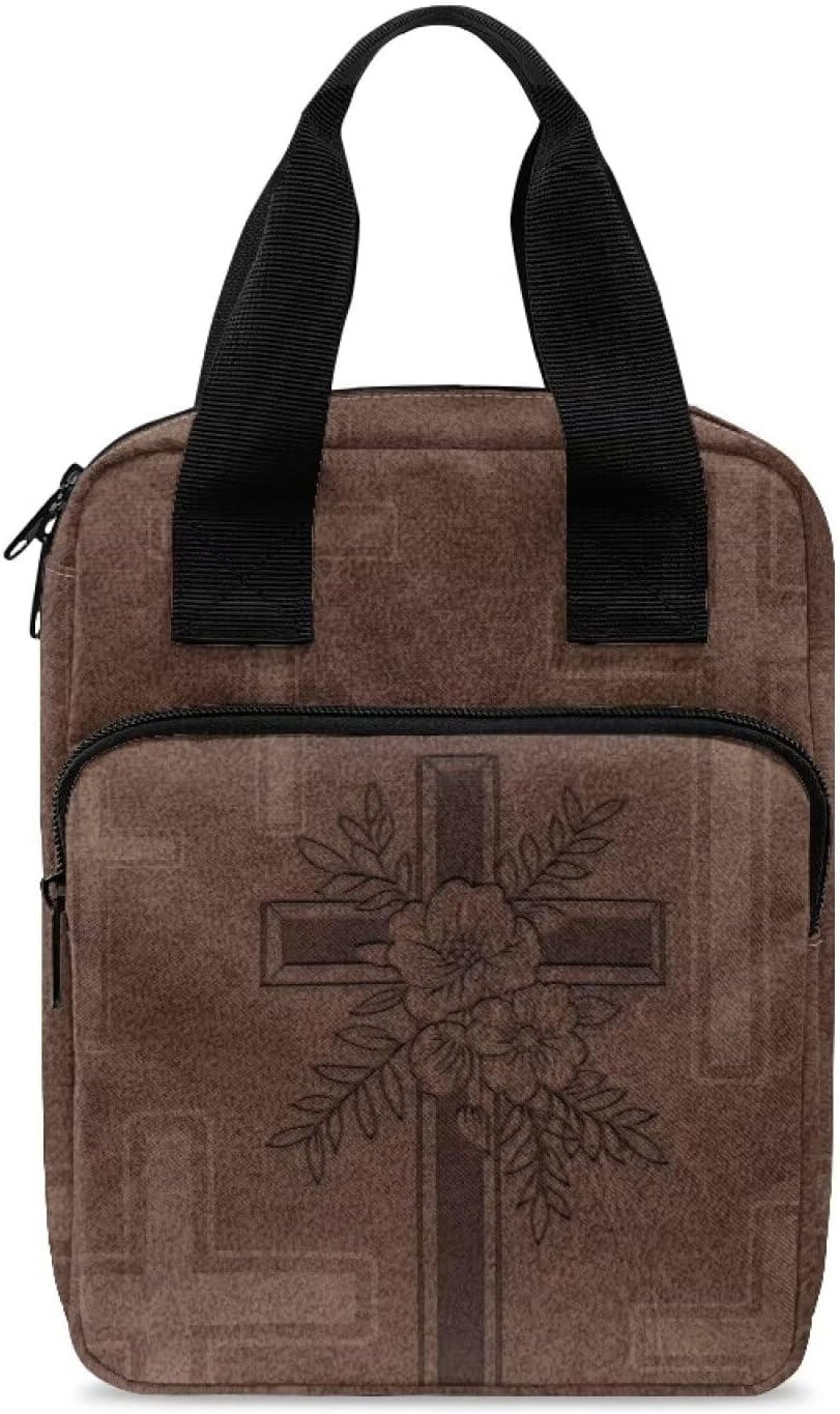 Dolyues Vintage Bible Tote Bags for Women Organizer Brown Cross Print Bible Cases Portable Bible Study Bag with Pockets for Work Church Service Polyester