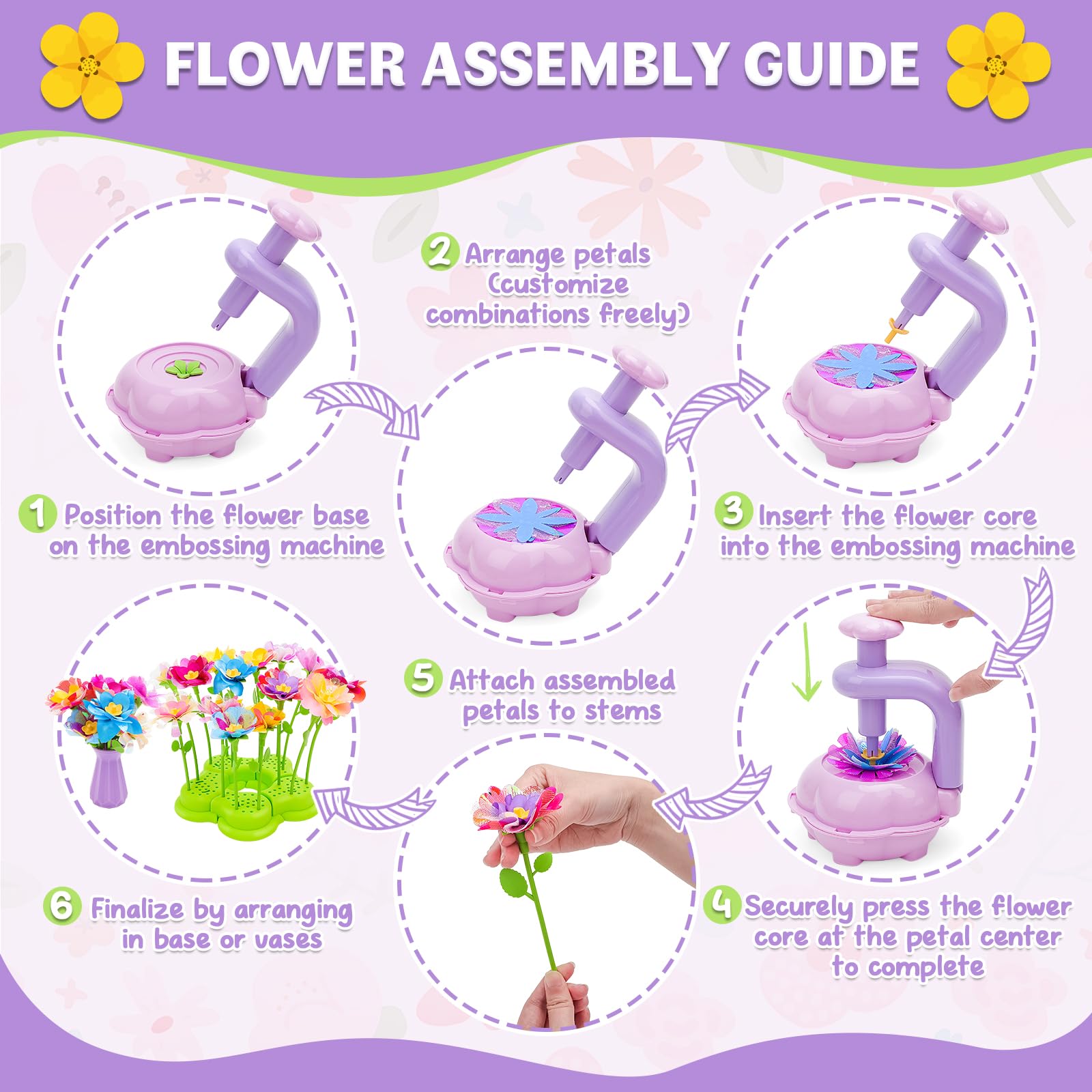 deAO DIY Flower Bouquet Making Kit, with Flower Press, Basket, Vase, Base, Colorful Petals Stems, Kids Craft Set - Image 3