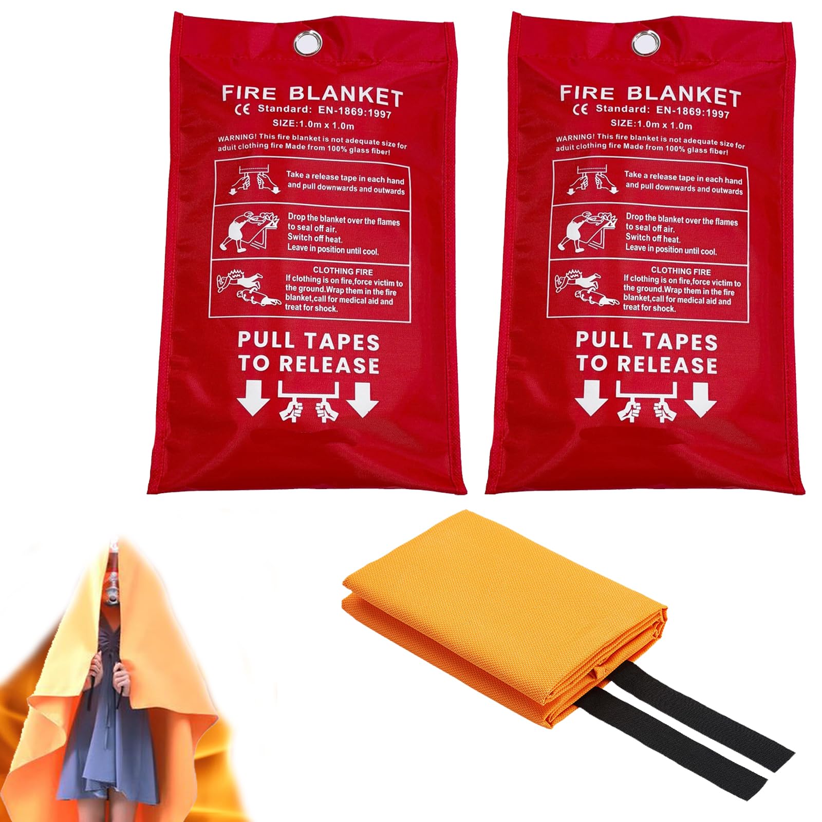 Pack 2 Mantas ignífugas100x100 cm,Protección emergencia para cocina y vehículo,Manta cortafuegos para apagar fuegos de grasa y líquidos,Funda compacta con asas ignífugas y orificio montaje (Plus)